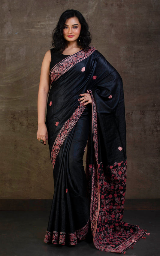 Exclusive Tussar Silk Embroidery Saree in Obsidian Black, Blush Pink and Rosewood