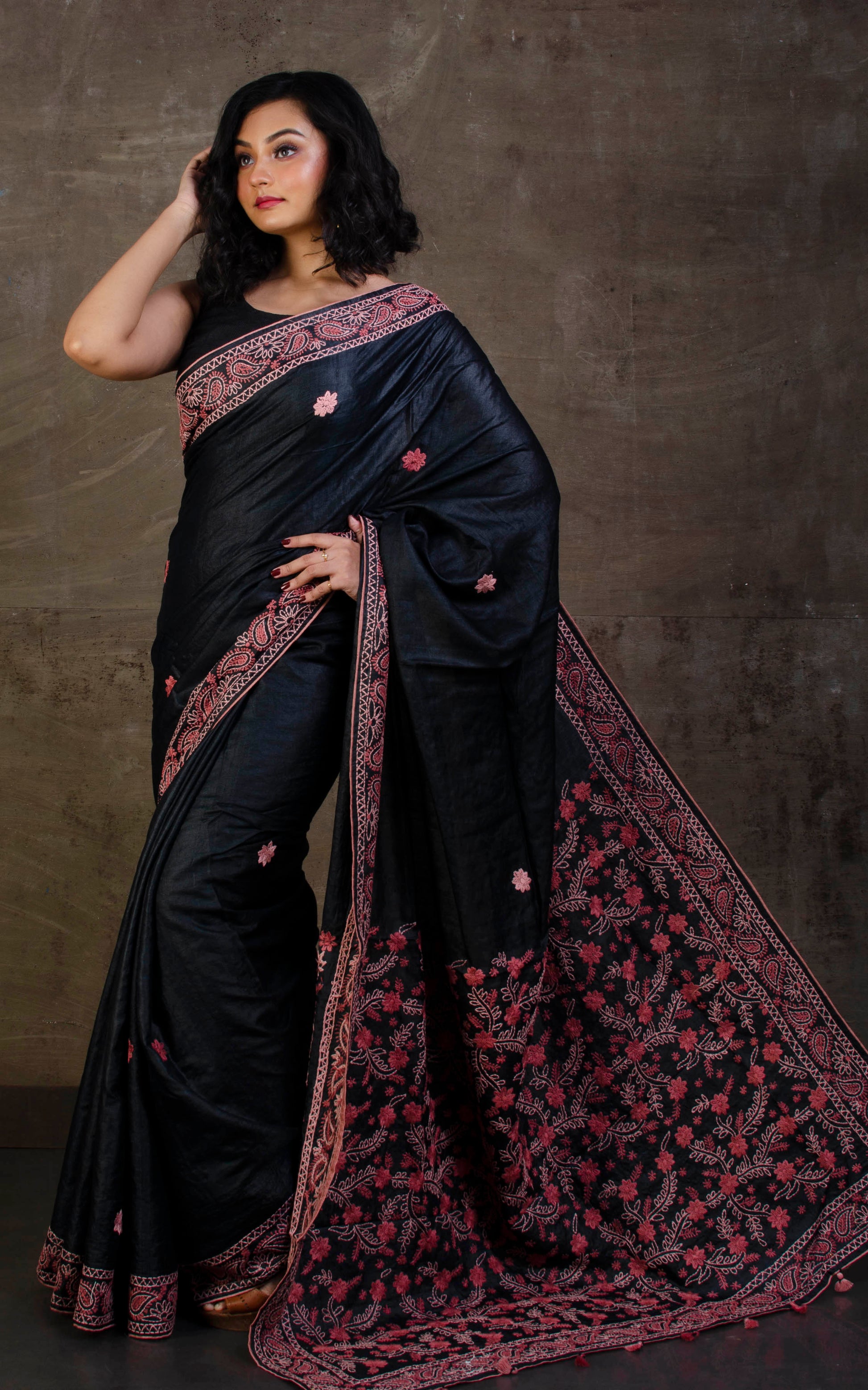 Exclusive Tussar Silk Embroidery Saree in Obsidian Black, Blush Pink and Rosewood