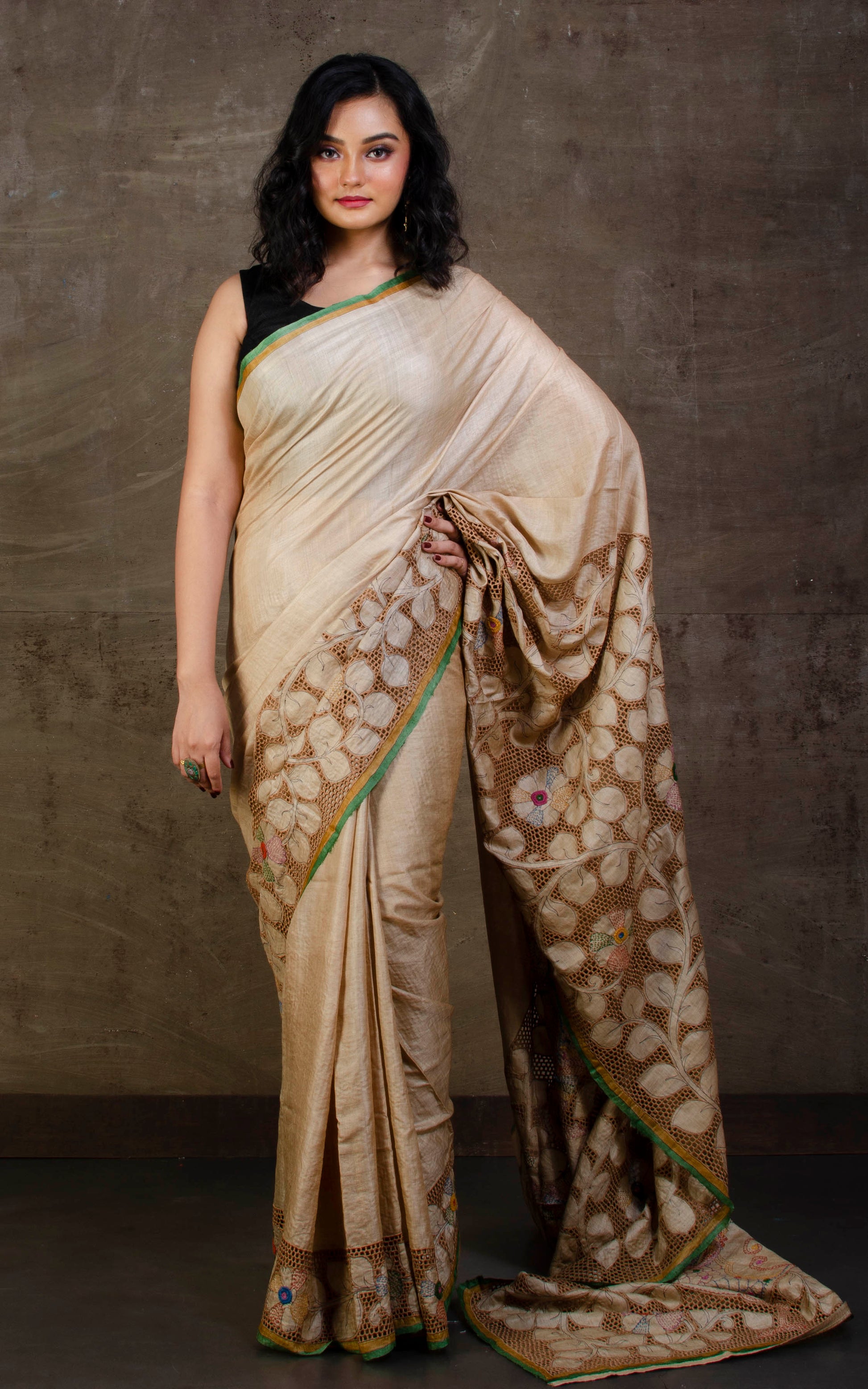 Exclusive Tussar Silk Cut Work Saree in Beige, Brown and Sage Green