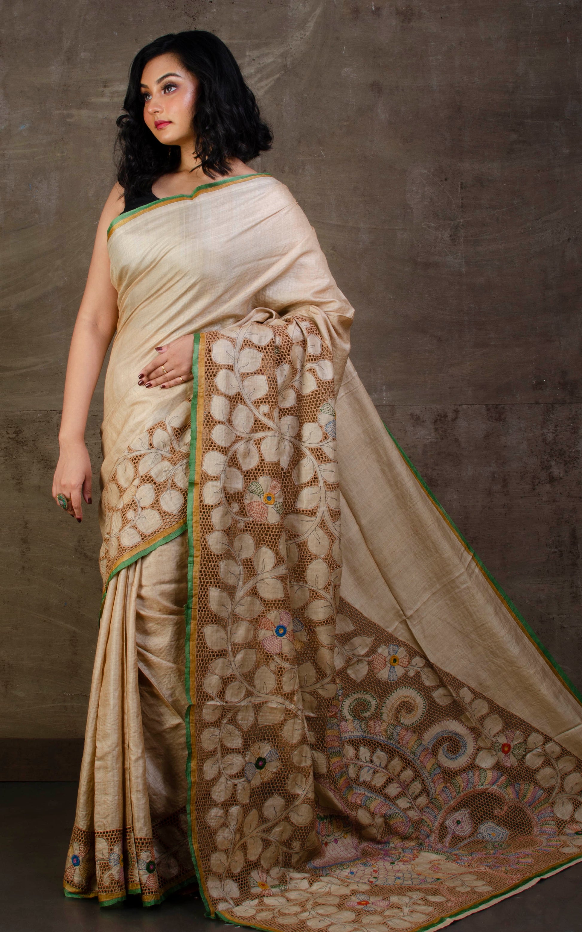 Exclusive Tussar Silk Cut Work Saree in Beige, Brown and Sage Green