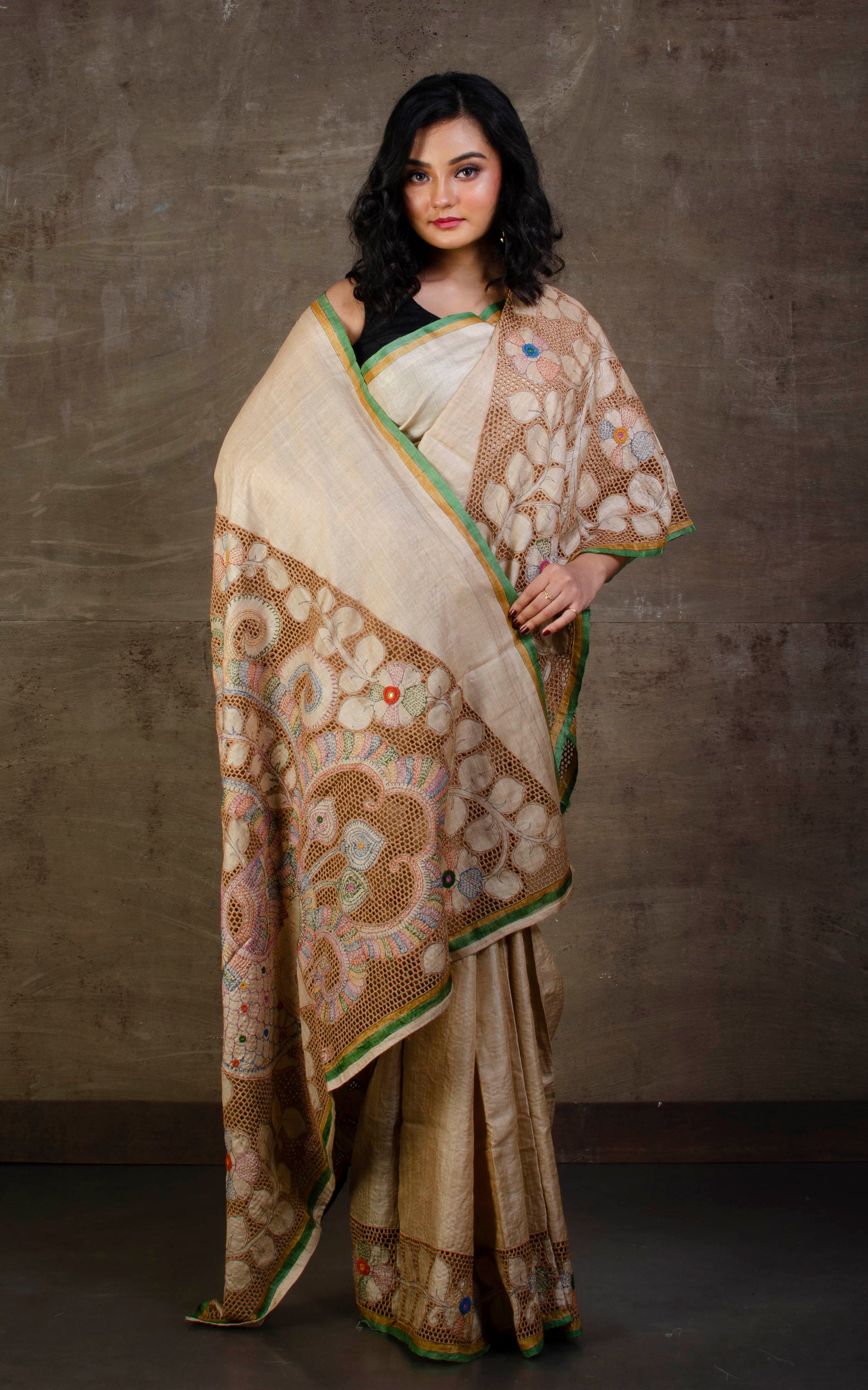 Exclusive Tussar Silk Cut Work Saree in Beige, Brown and Sage Green