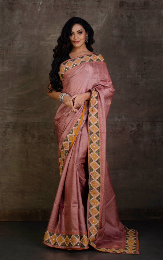 Hand Embroidery Kutch Work Tussar Silk Saree in Mocha Rose, Mustard Golden, Seaweed Green and Off white