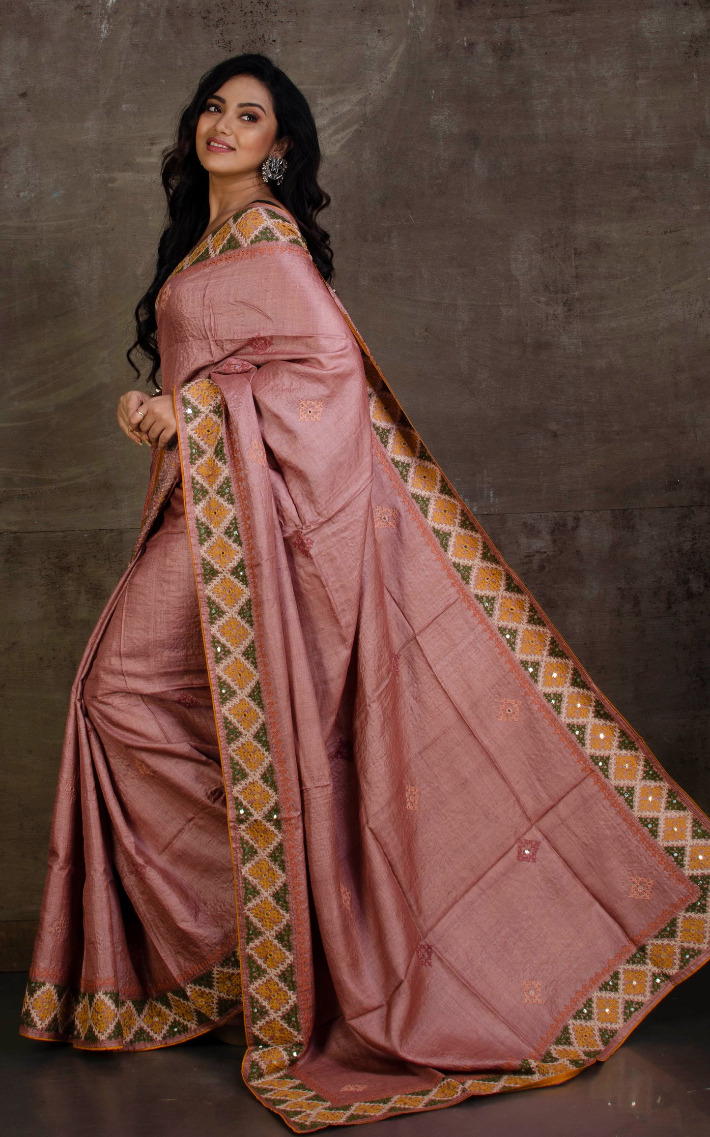 Hand Embroidery Kutch Work Tussar Silk Saree in Mocha Rose, Mustard Golden, Seaweed Green and Off white