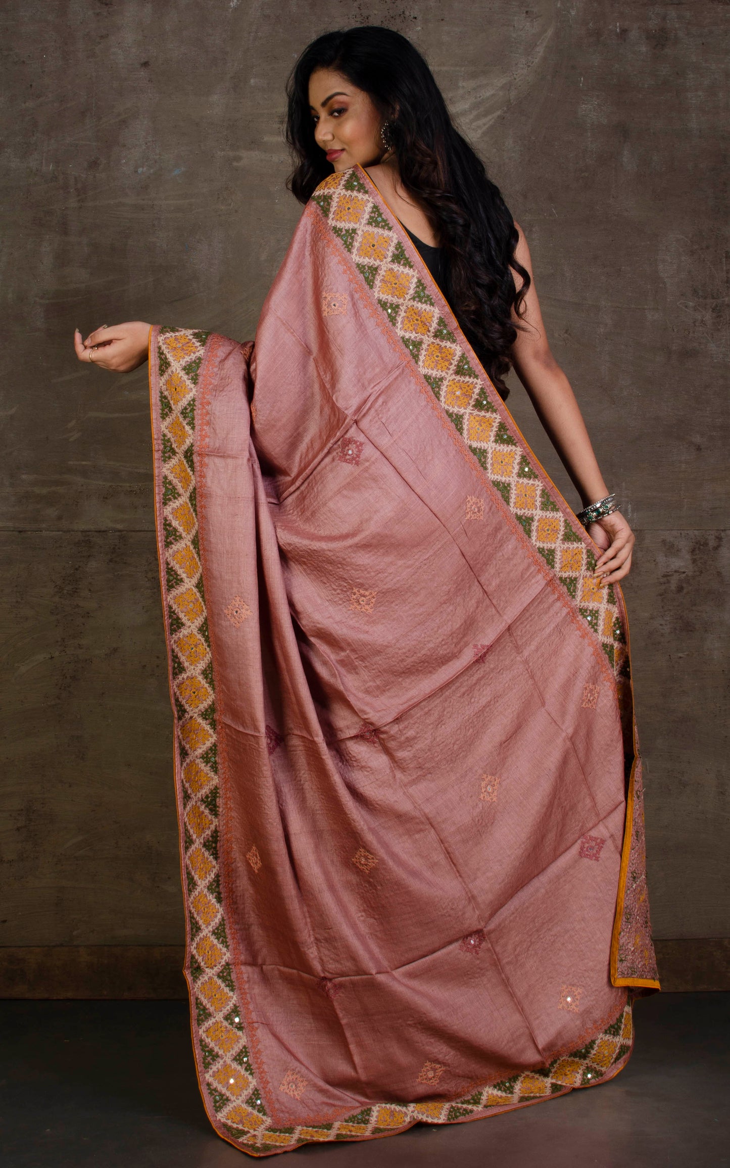 Hand Embroidery Kutch Work Tussar Silk Saree in Mocha Rose, Mustard Golden, Seaweed Green and Off white