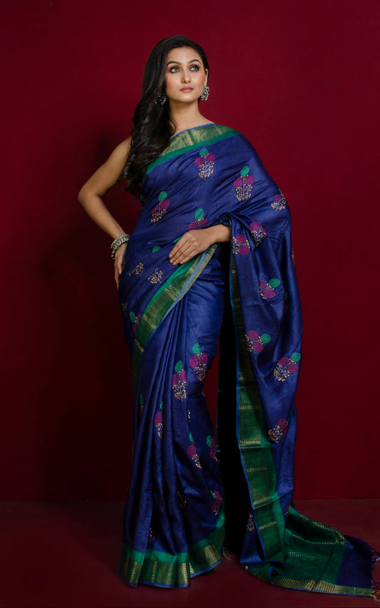 Hand Kantha Work Tussar Silk Saree in Dark Blue, Jade Green, Magenta and Brush Gold