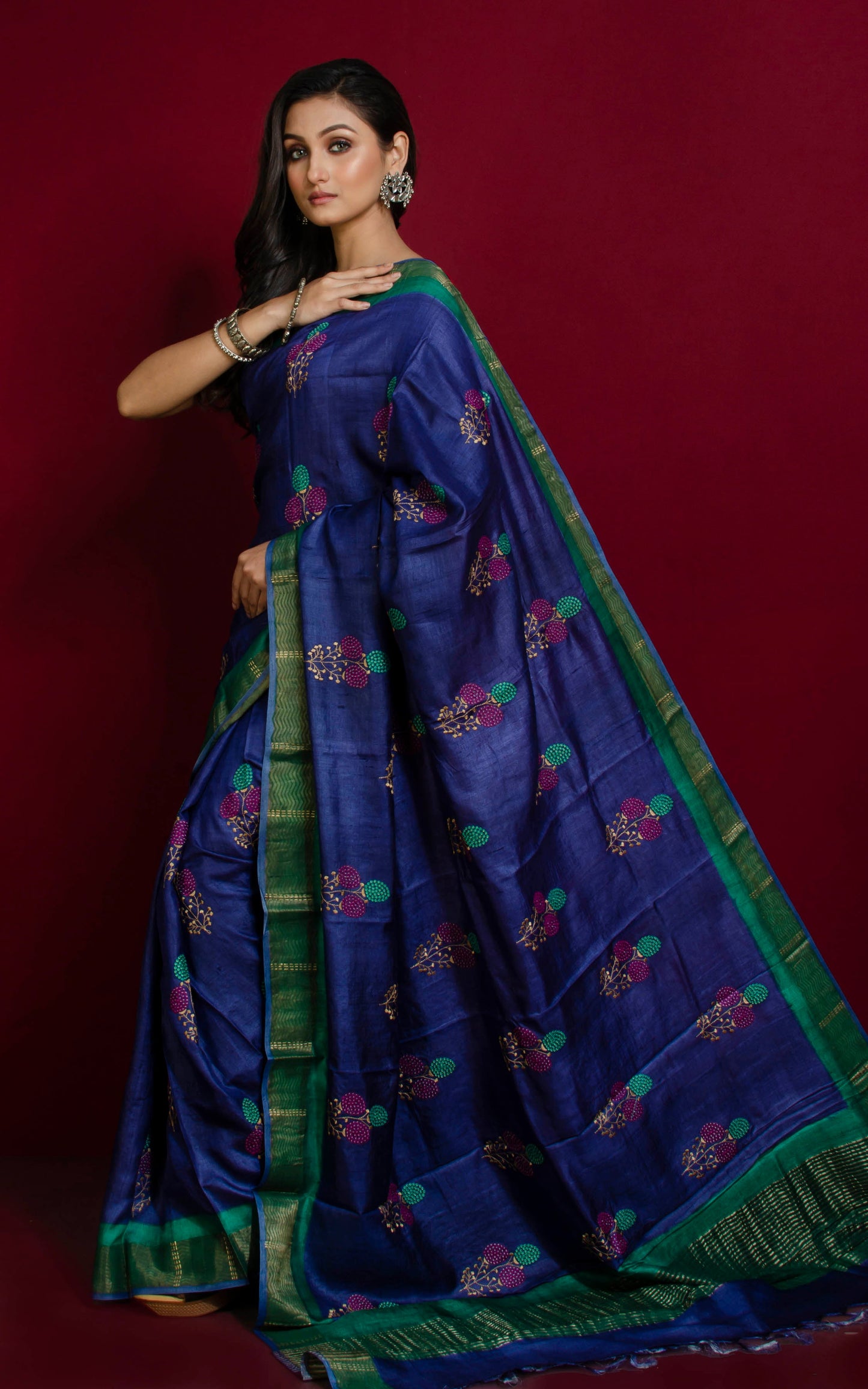 Hand Kantha Work Tussar Silk Saree in Dark Blue, Jade Green, Magenta and Brush Gold