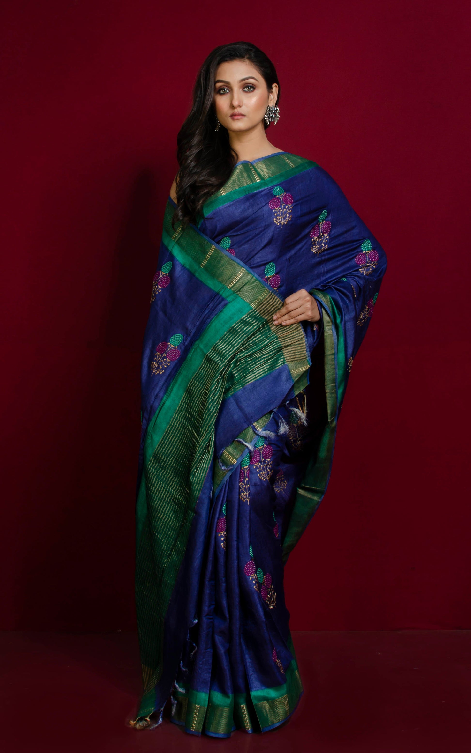 Hand Kantha Work Tussar Silk Saree in Dark Blue, Jade Green, Magenta and Brush Gold