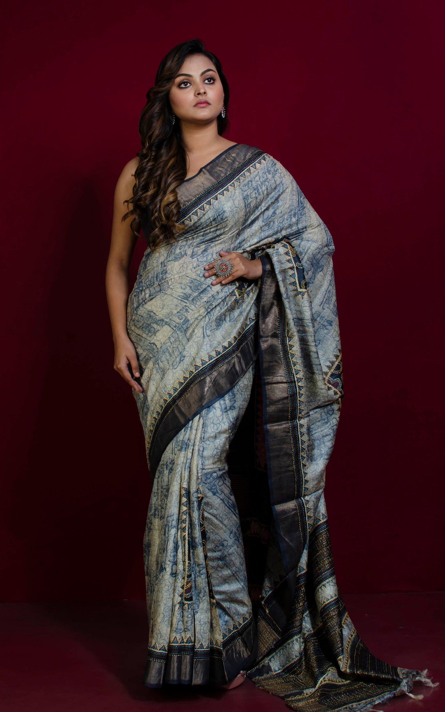 Designer Printed Tussar Silk with Kantha Work Saree in Off White, Slate Grey and Multicolored Thread Work