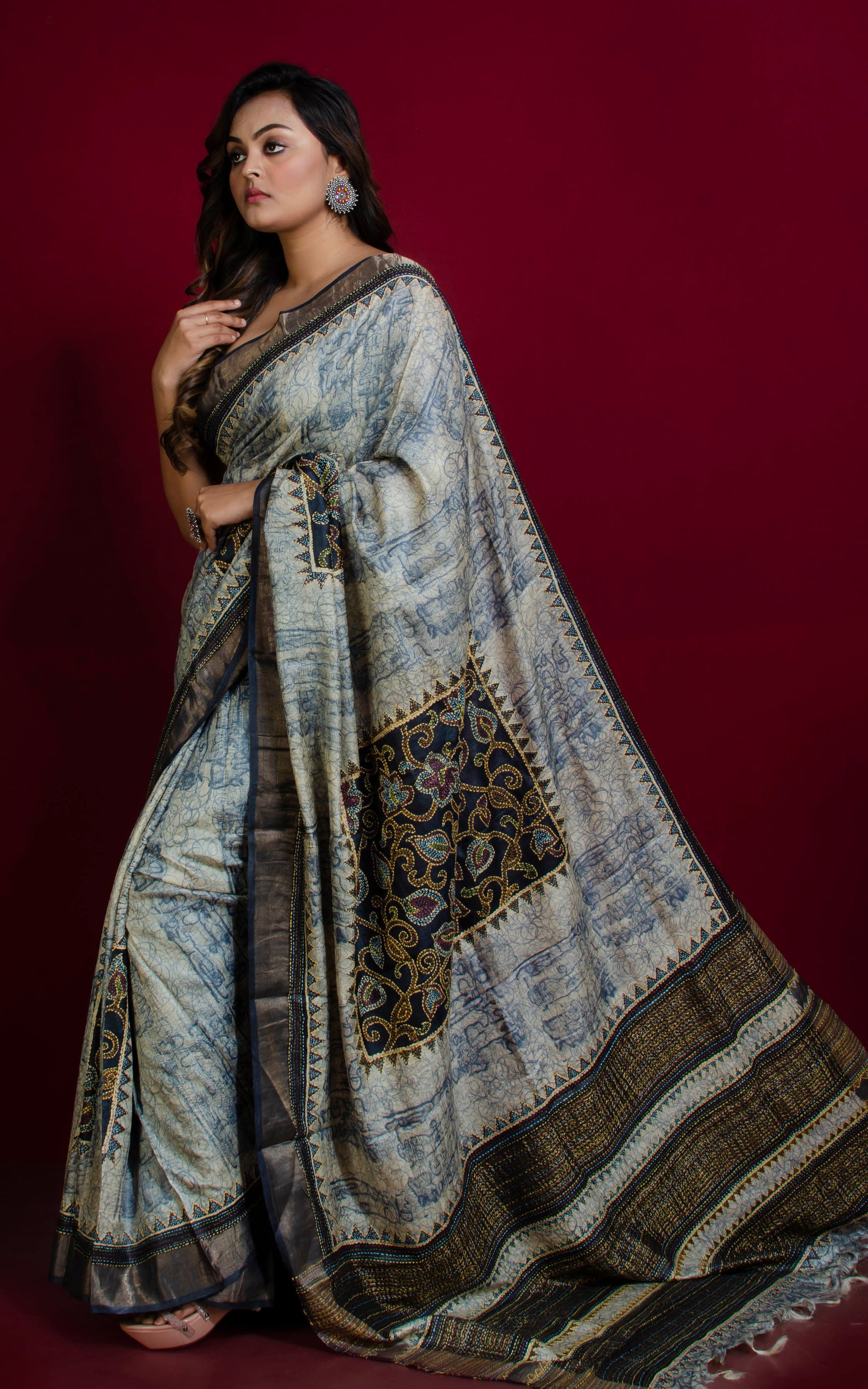 Designer Printed Tussar Silk with Kantha Work Saree in Off White, Slate Grey and Multicolored Thread Work