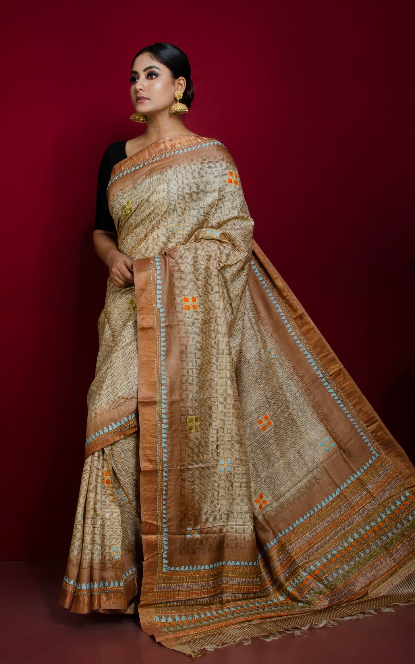 Hand Kantha Work Tussar Silk Saree in Beige, Brown with Multicolored Thread Work