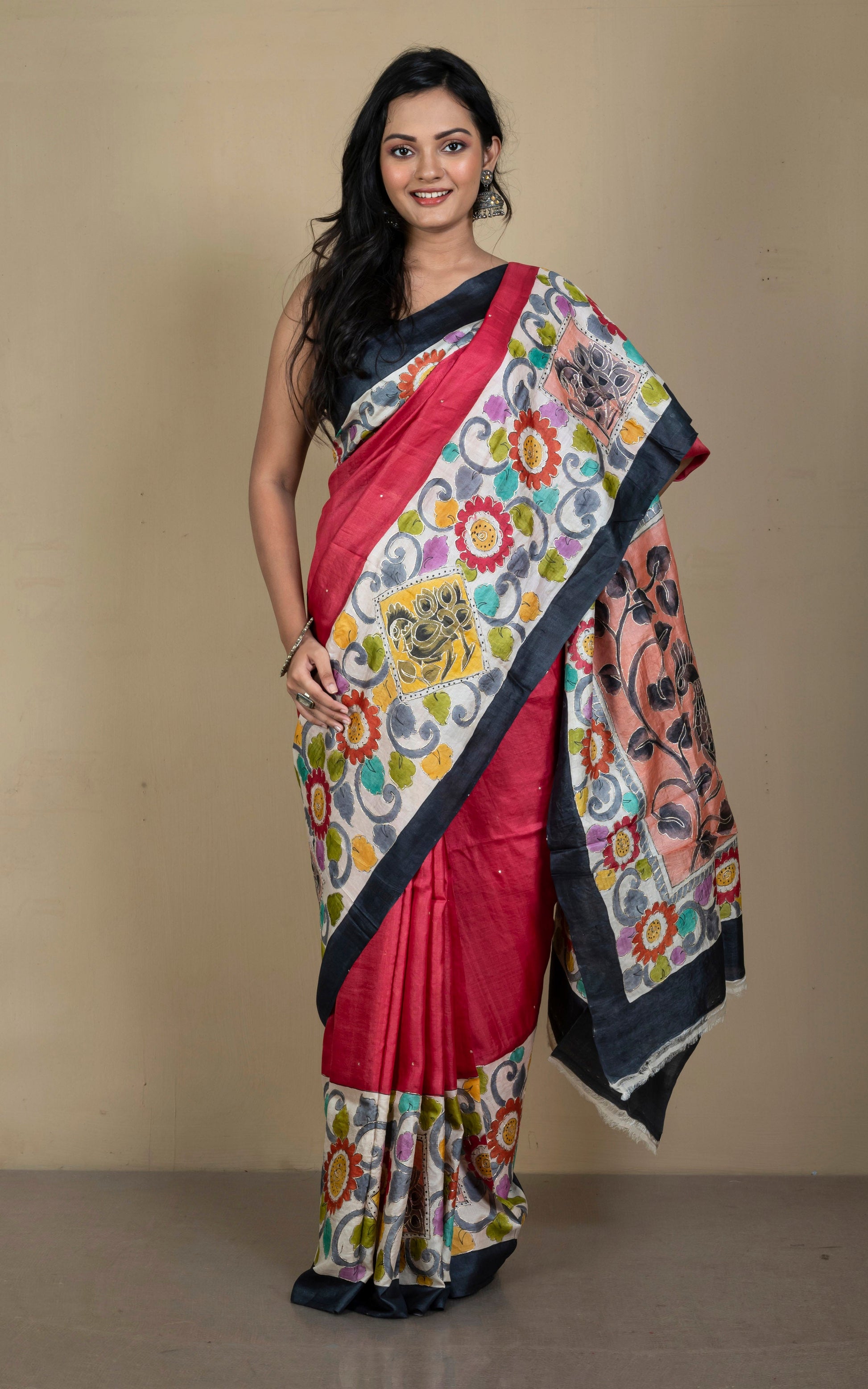 Designer Tussar Silk Saree in Red, Black, Beige and Multicolored Prints embellished with Silver Zari Hand Embroidery Pitai Work