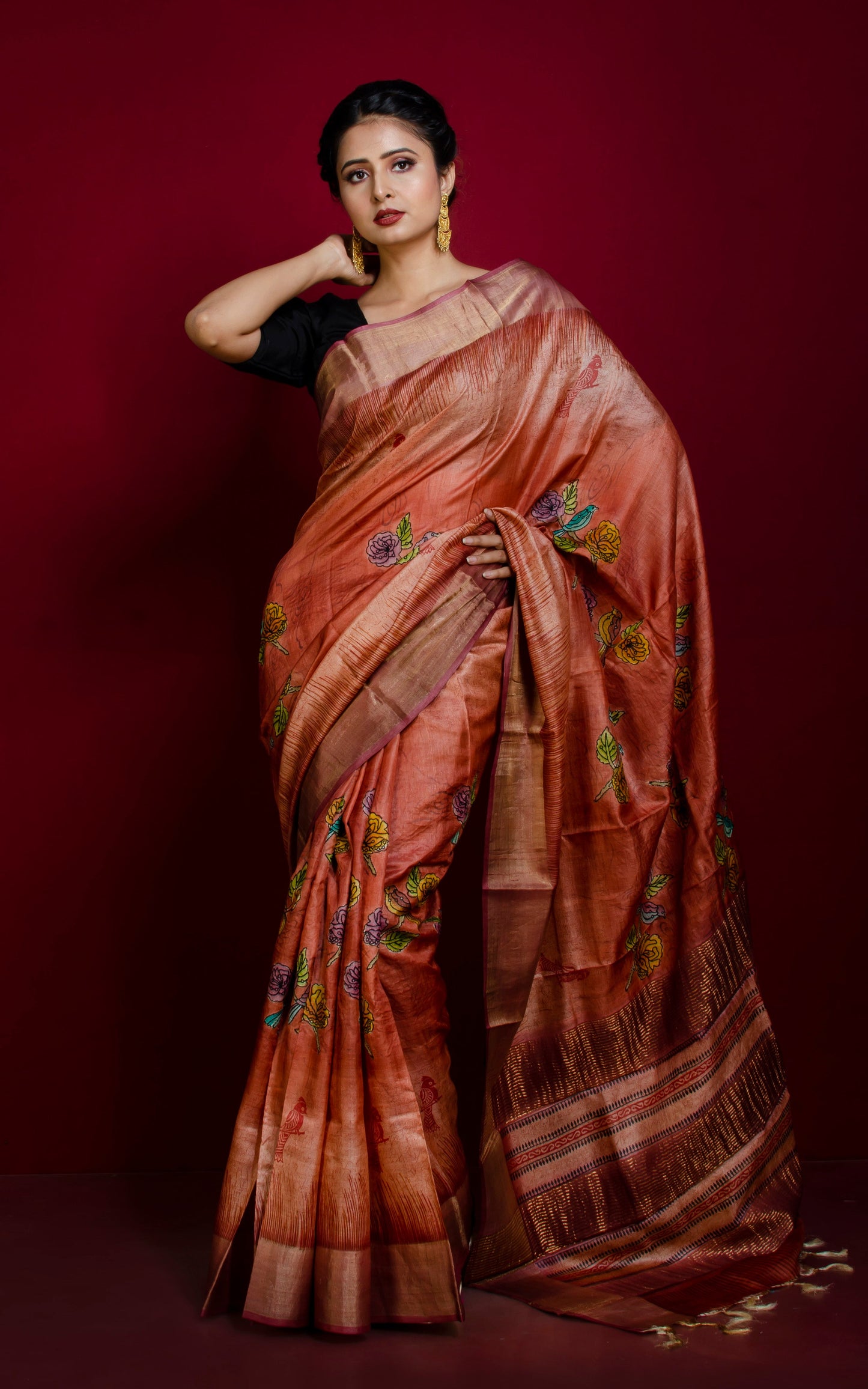 Hand Gun Paint Work on Printed Tussar Silk Saree in Red Sandal Wood, Beige and Multicolored