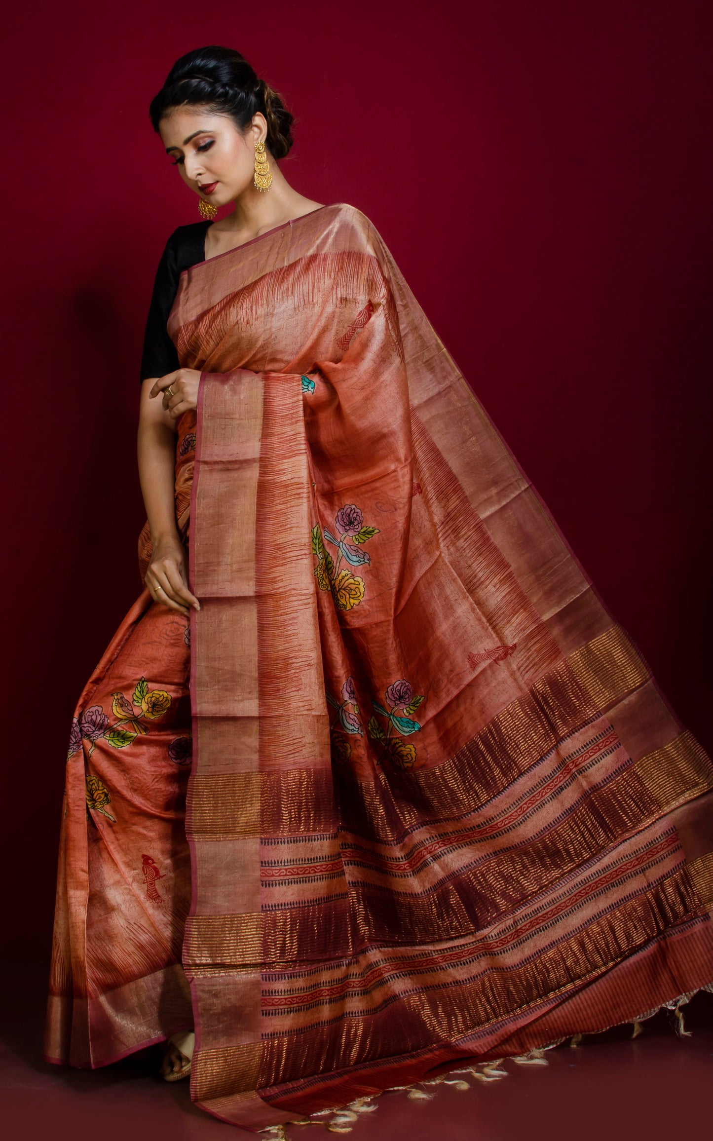 Hand Gun Paint Work on Printed Tussar Silk Saree in Red Sandal Wood, Beige and Multicolored