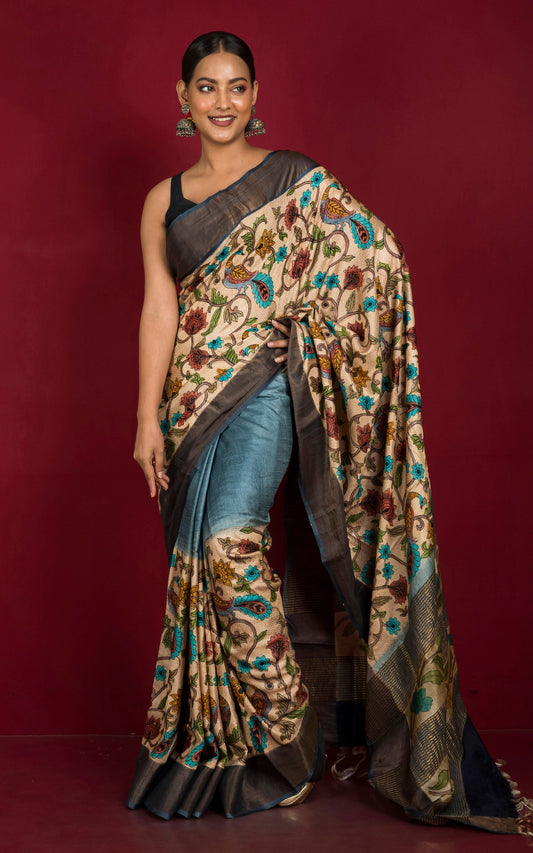 Embroidery Nakshi Kantha Work Tussar Silk Saree in Steel Grey, Beige and Multicolored