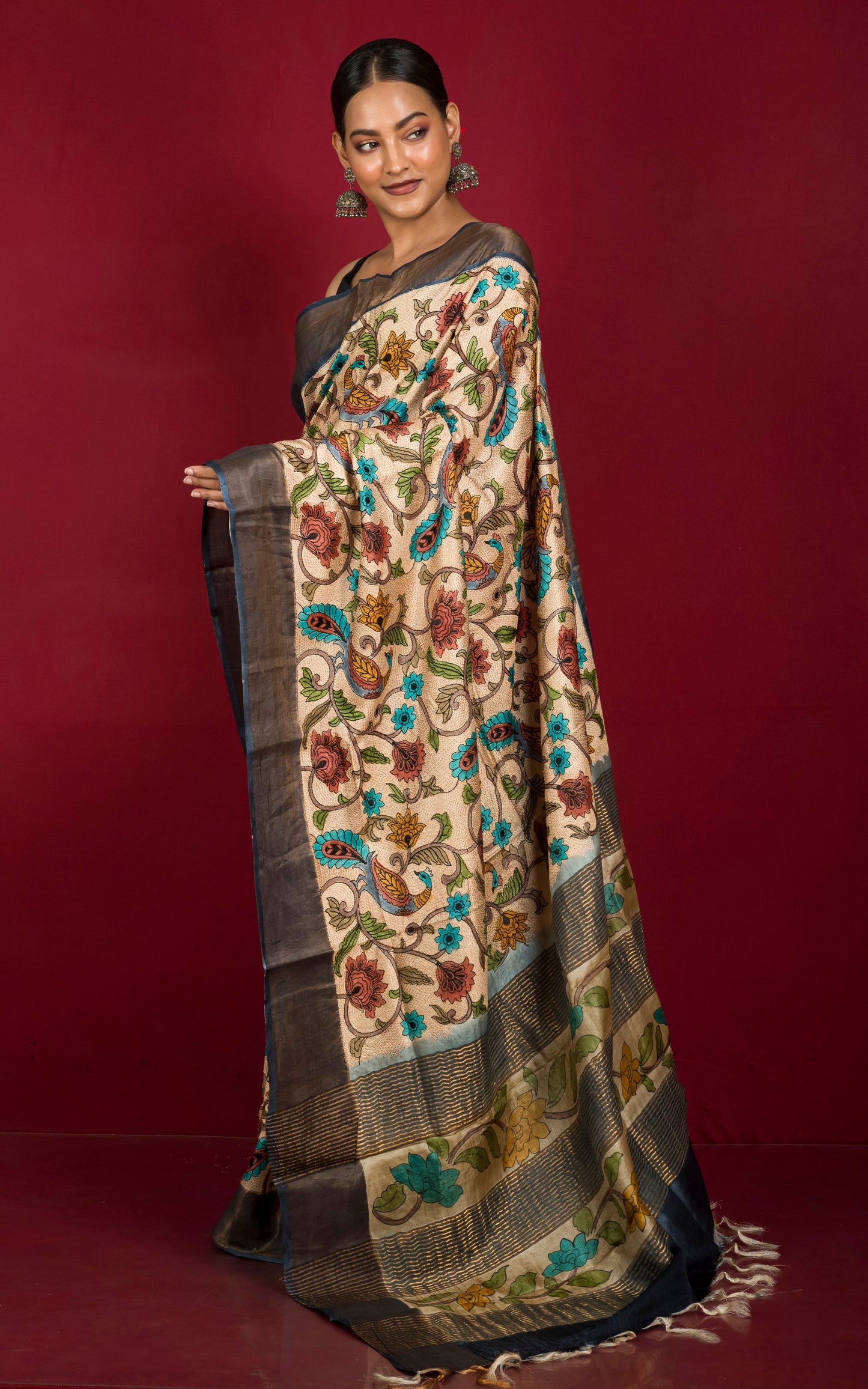 Embroidery Nakshi Kantha Work Tussar Silk Saree in Steel Grey, Beige and Multicolored