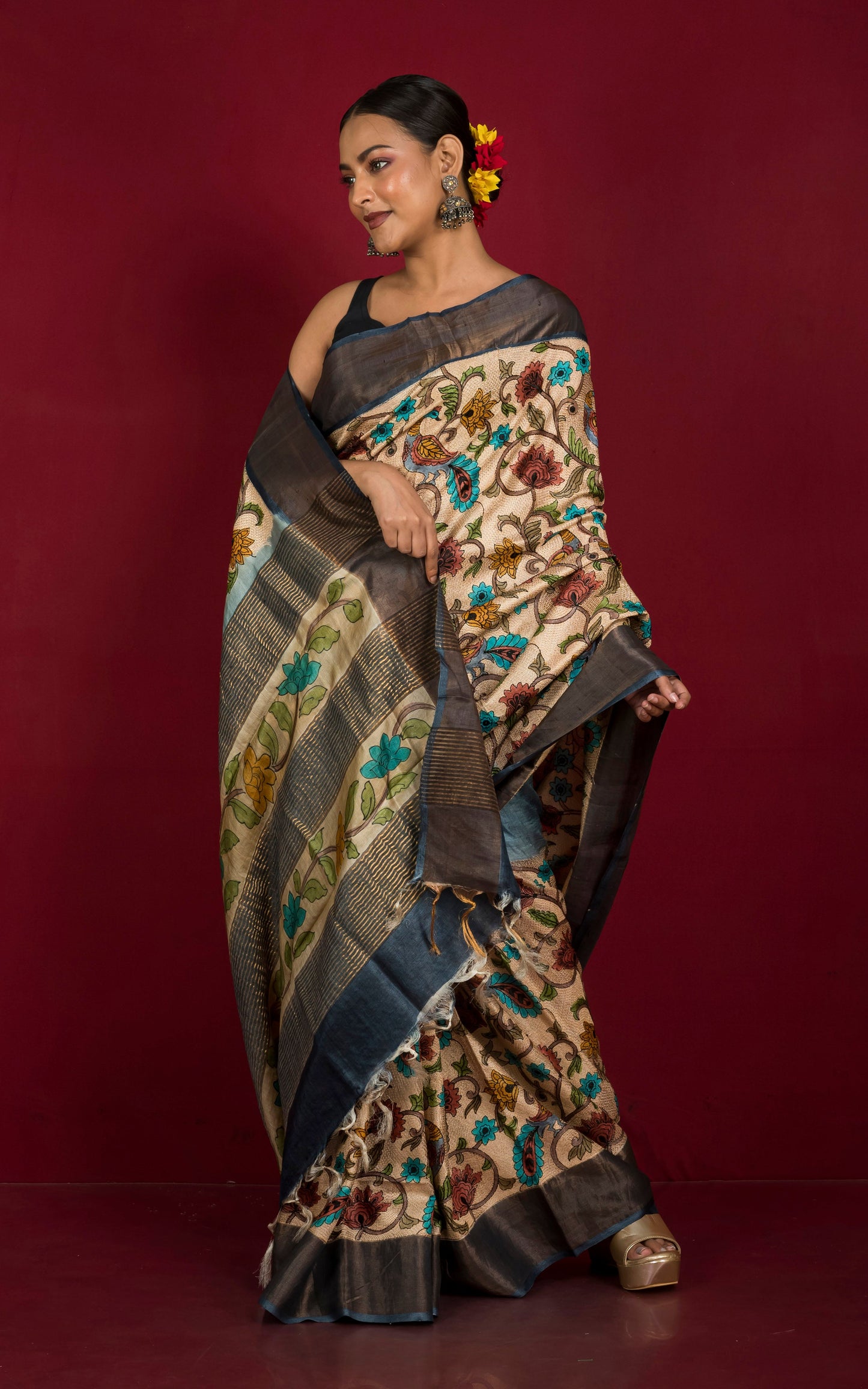 Embroidery Nakshi Kantha Work Tussar Silk Saree in Steel Grey, Beige and Multicolored