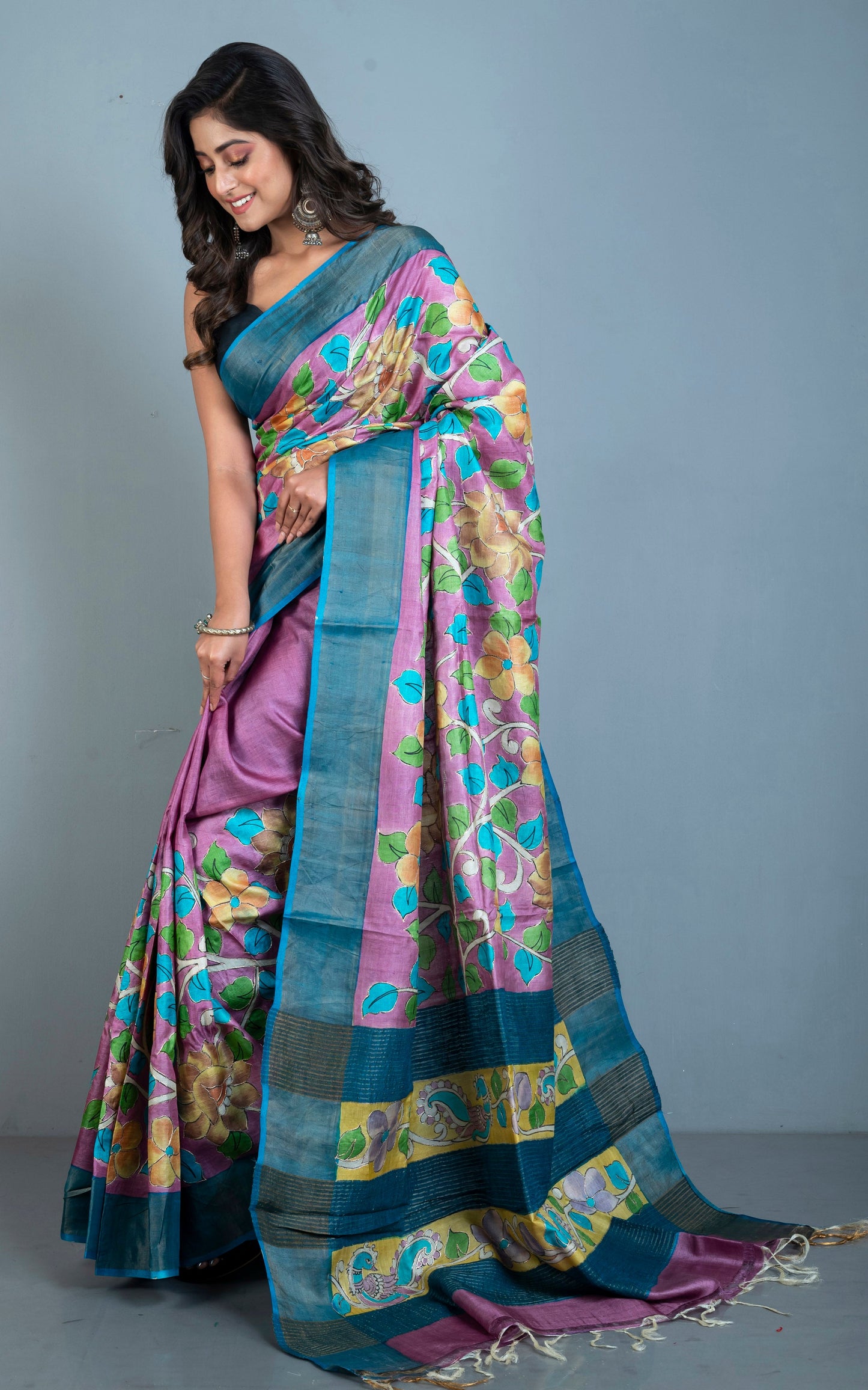 Designer Tussar Silk Saree in Pink Purple, Blue and Multicolored Prints embellished with Silver Zari Hand Embroidery Pitai Work