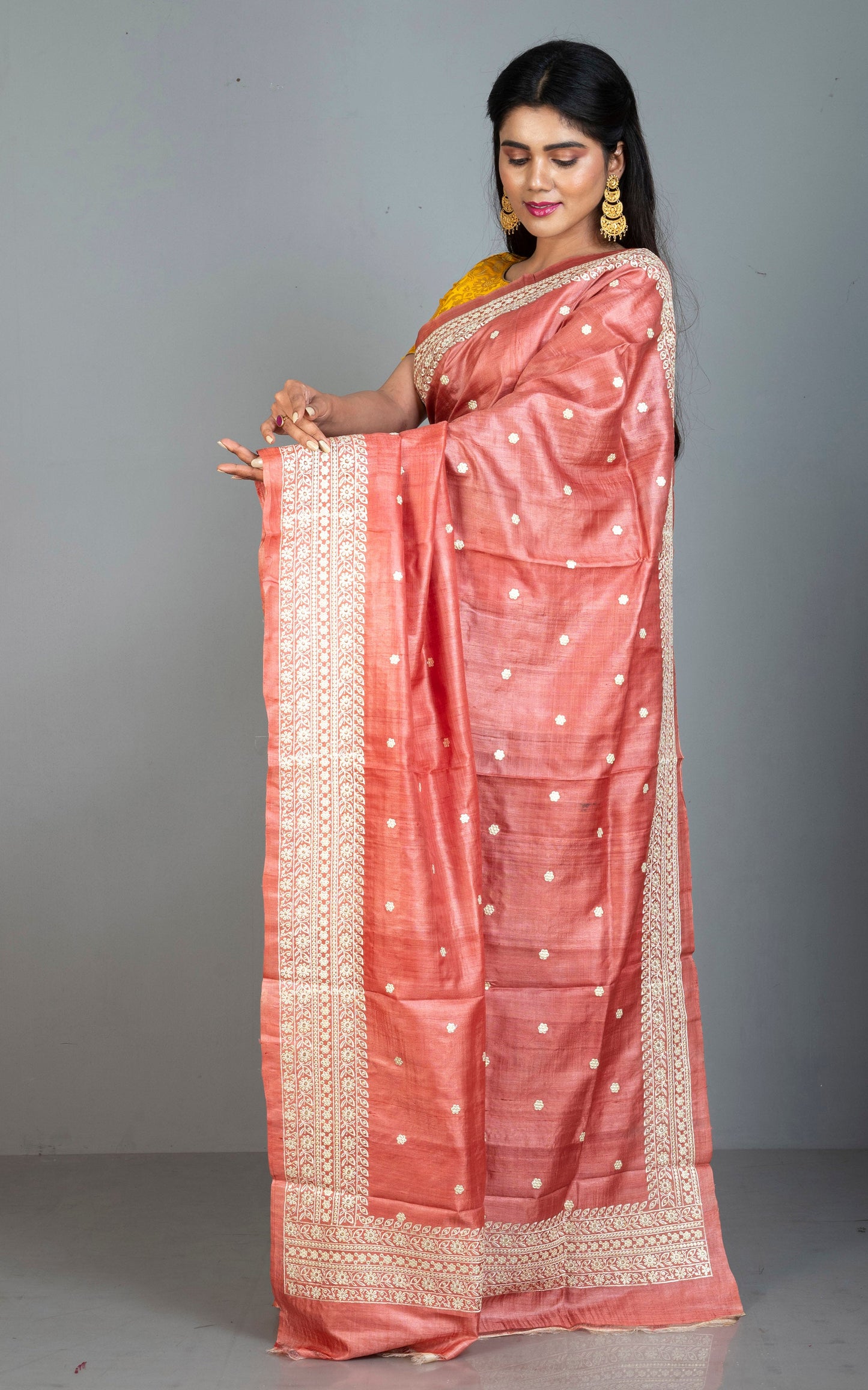 Designer Nakshi Embroidery with Mukesh Work Tussar Silk Saree in Red Sandalwood and Off white