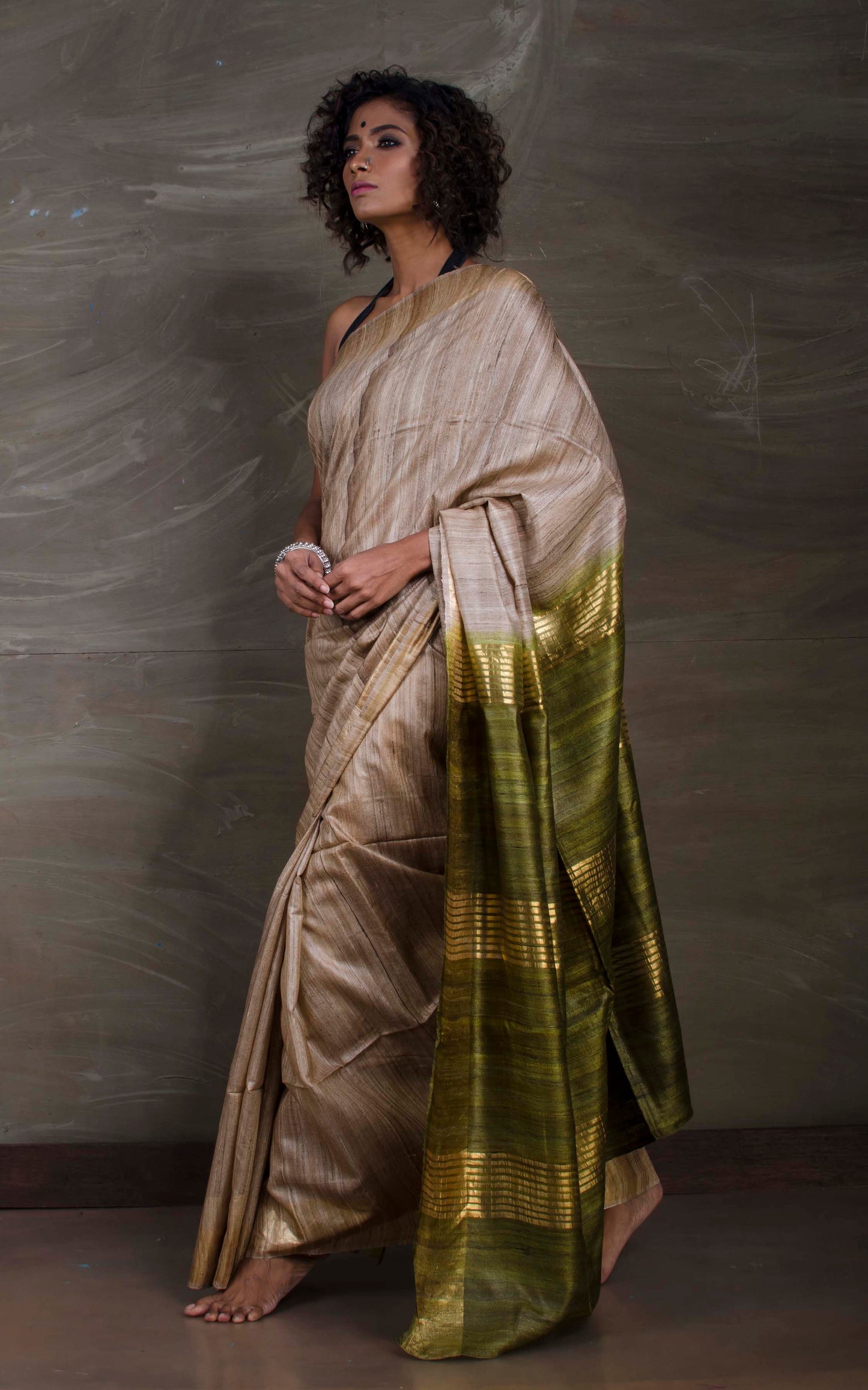 Pure Handloom Gicha Tussar Saree in Natural Colour and Moss Green