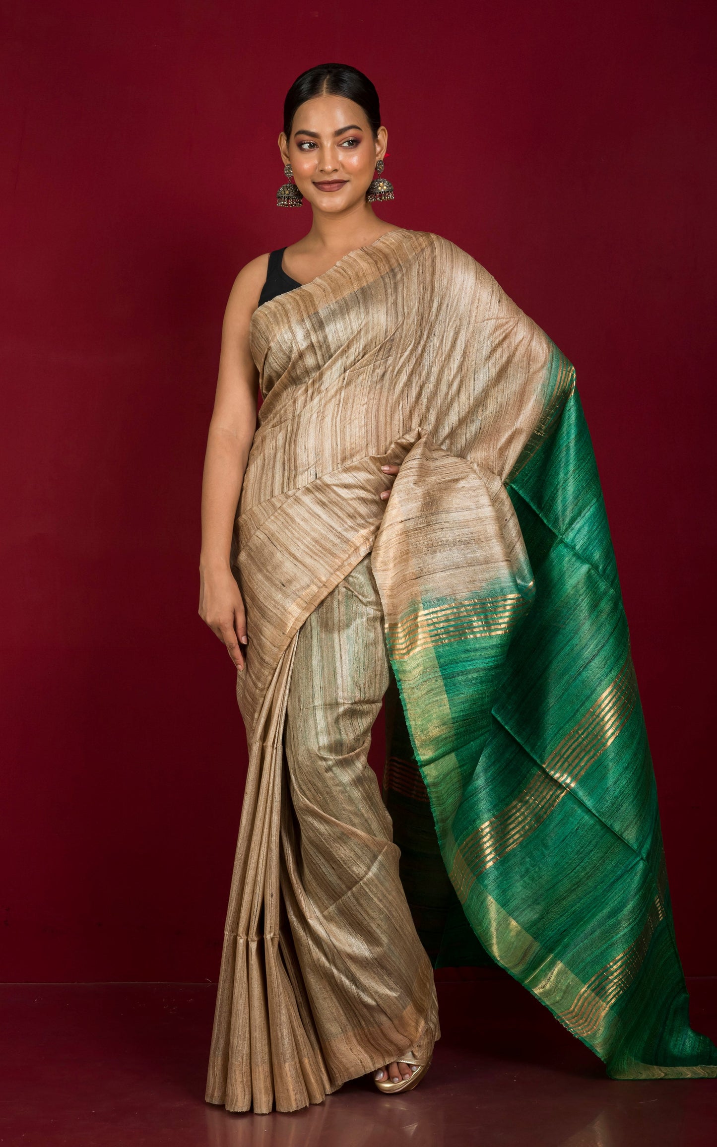 Pure Handloom Gicha Tussar Saree in Natural Tussar Color and Emerald Green