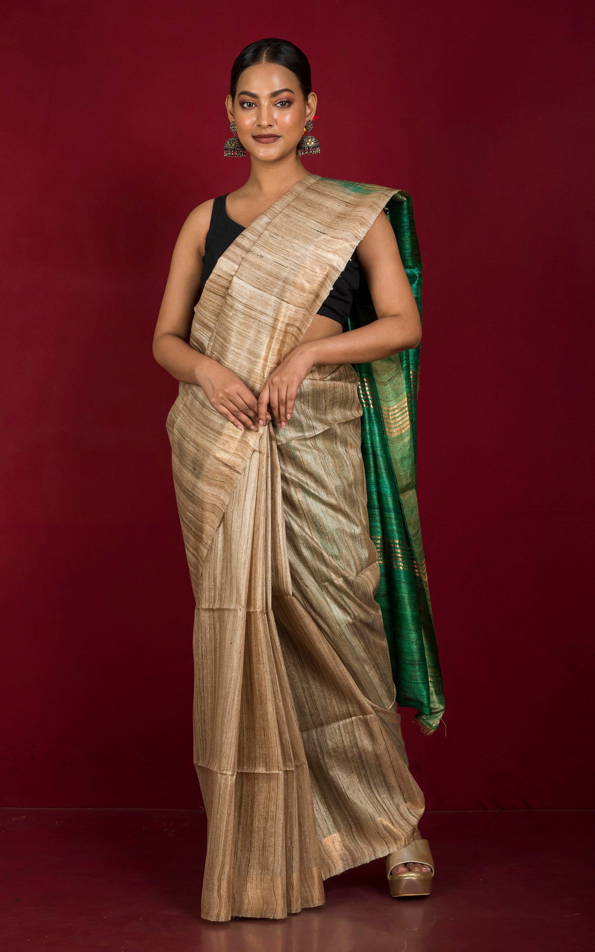 Pure Handloom Gicha Tussar Saree in Natural Tussar Color and Emerald Green