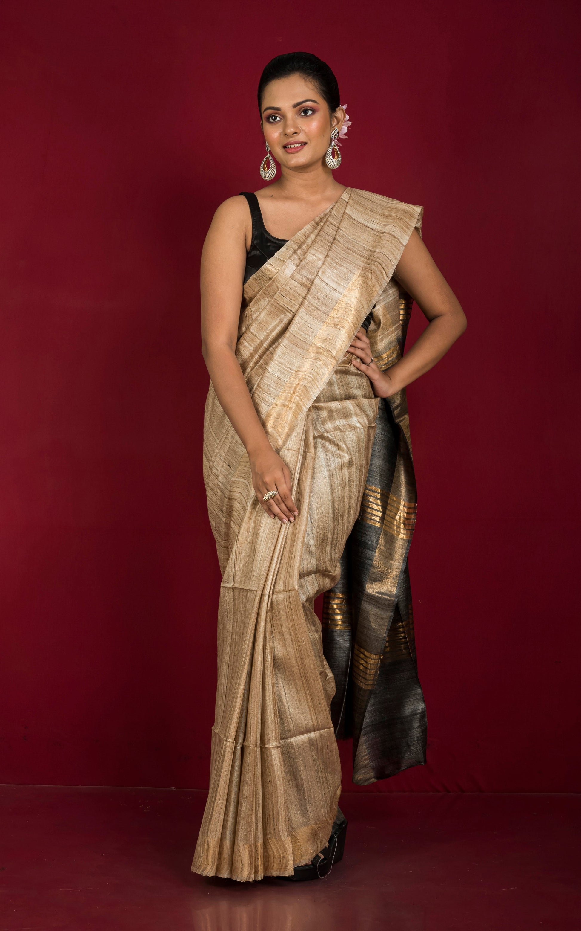 Pure Handloom Gicha Tussar Saree in Natural Tussar Color and Charcoal Black