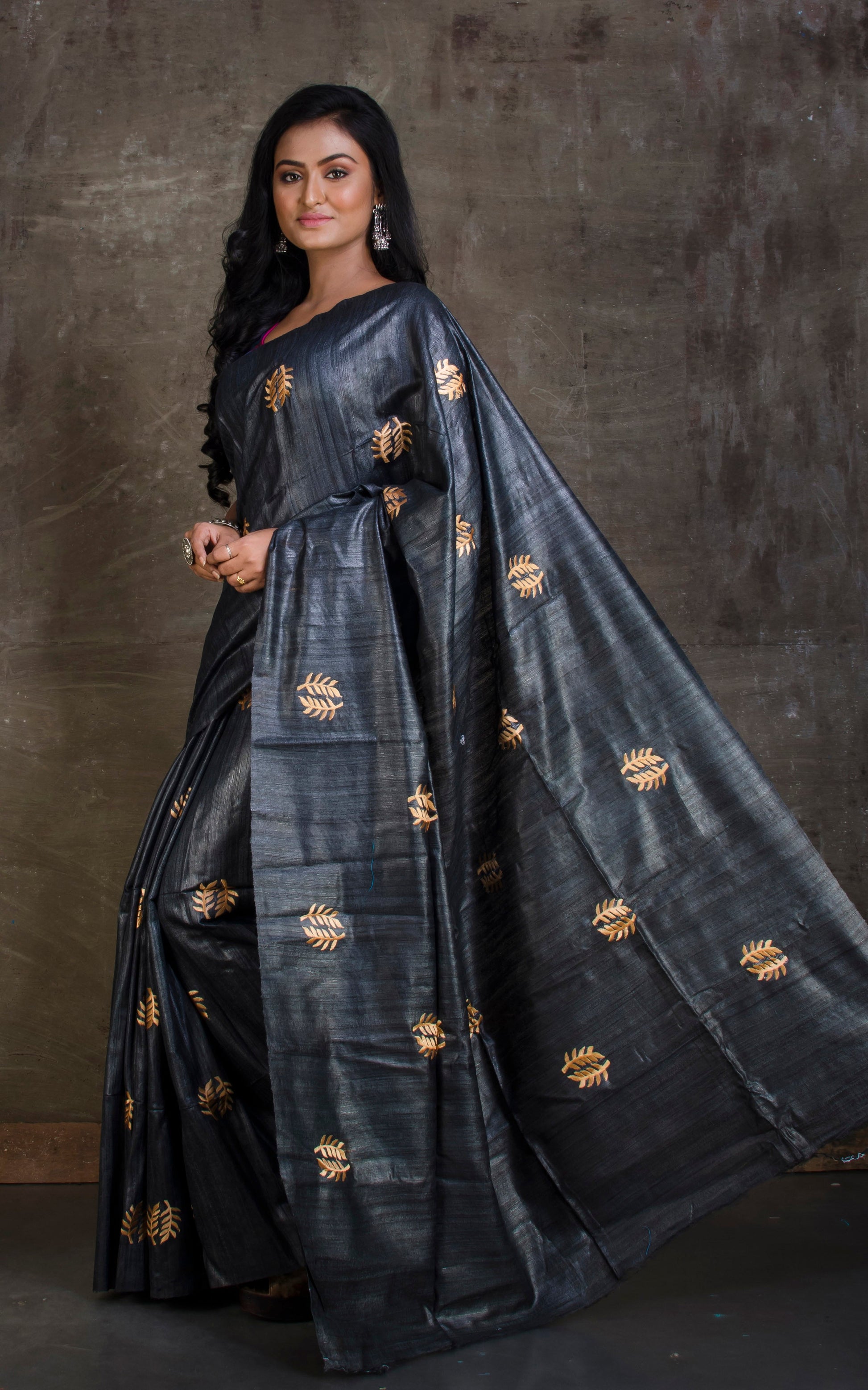 Embroidered Work Colored Gicha Tussar Silk Saree in Obsidian Black and Pale Gold