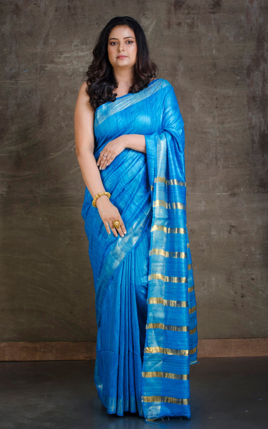 Gicha Tussar Silk Saree with Woven Gold Bands Pallu in Mariner Blue and Golden