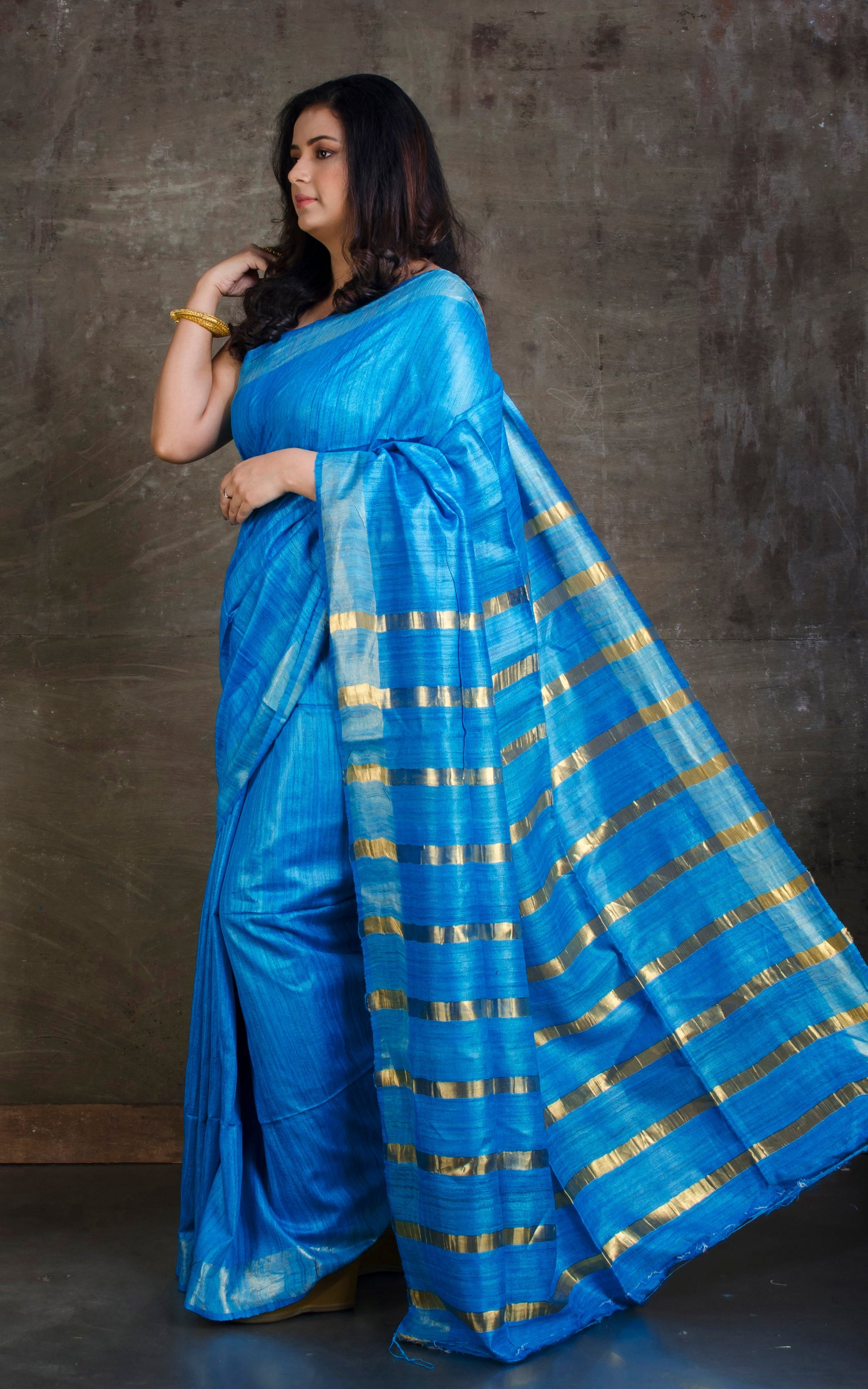 Gicha Tussar Silk Saree with Woven Gold Bands Pallu in Mariner Blue and Golden