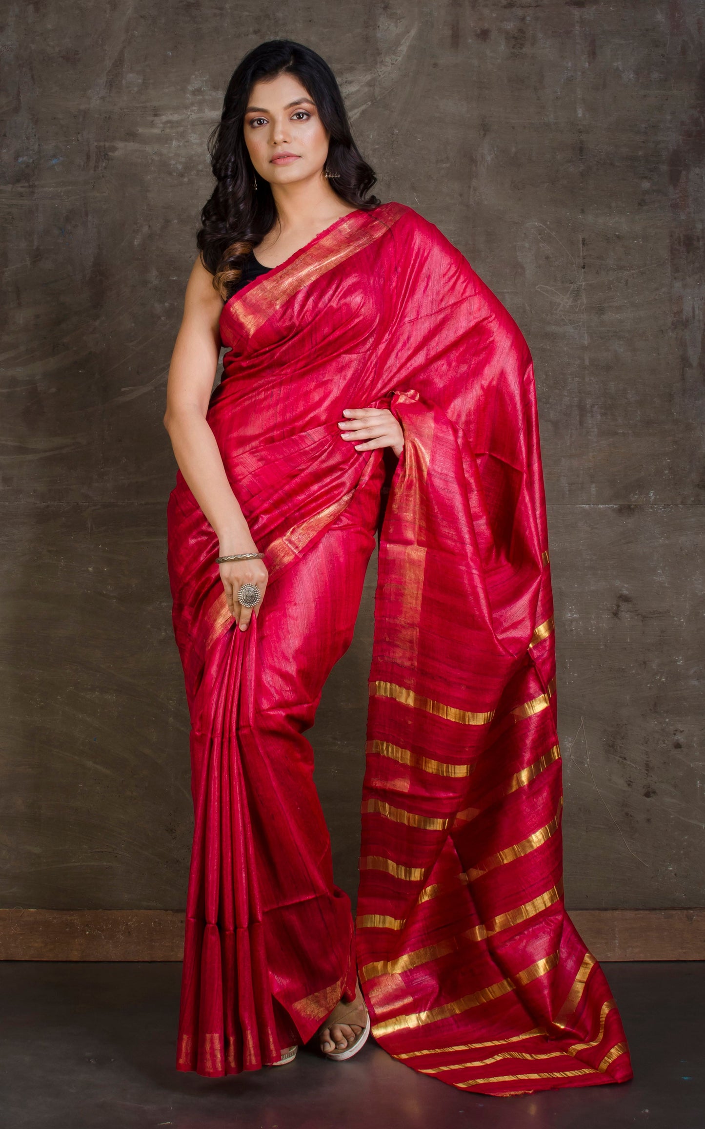 Gicha Tussar Silk Saree with Woven Gold Bands Pallu in Red and Golden