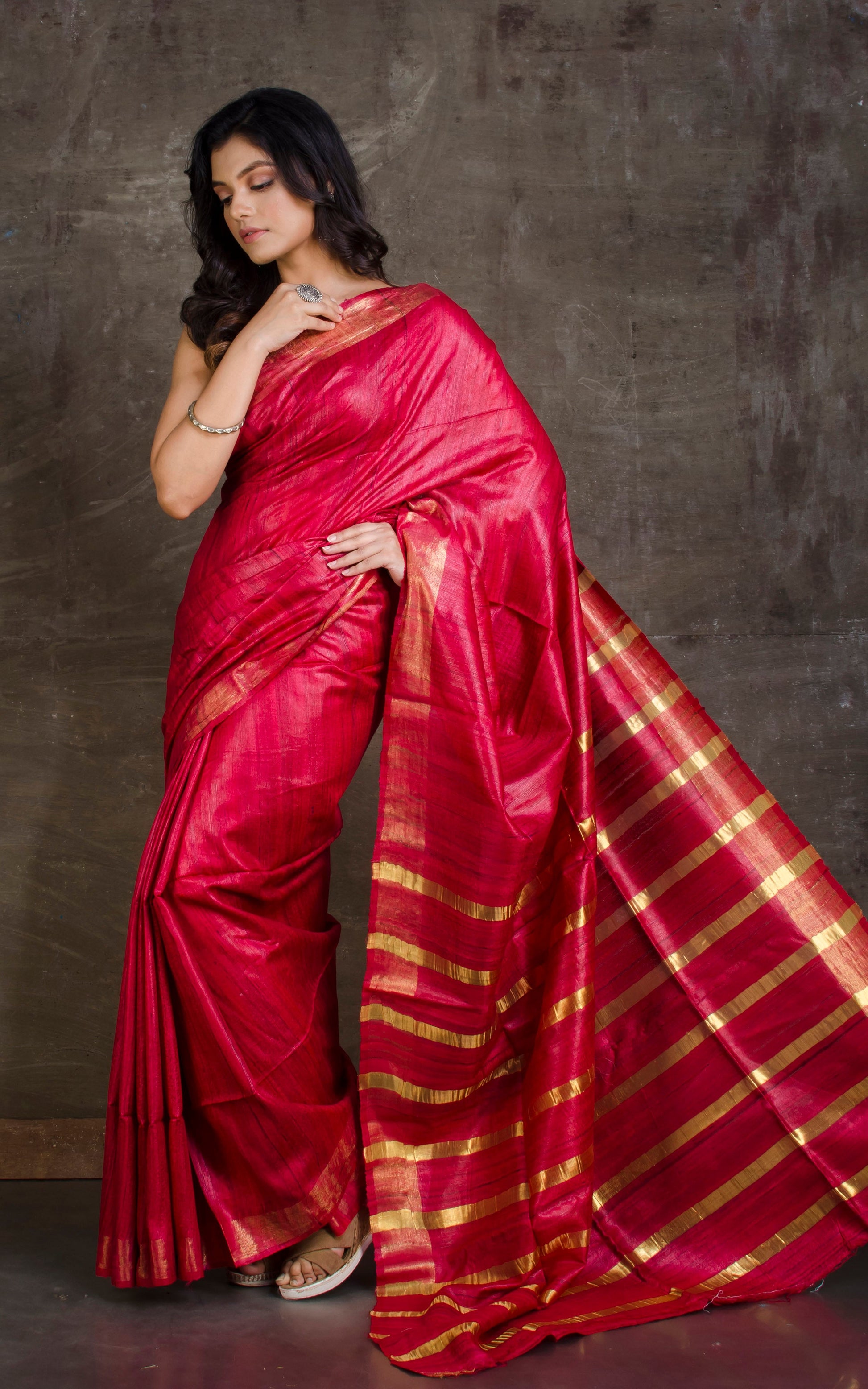 Gicha Tussar Silk Saree with Woven Gold Bands Pallu in Red and Golden