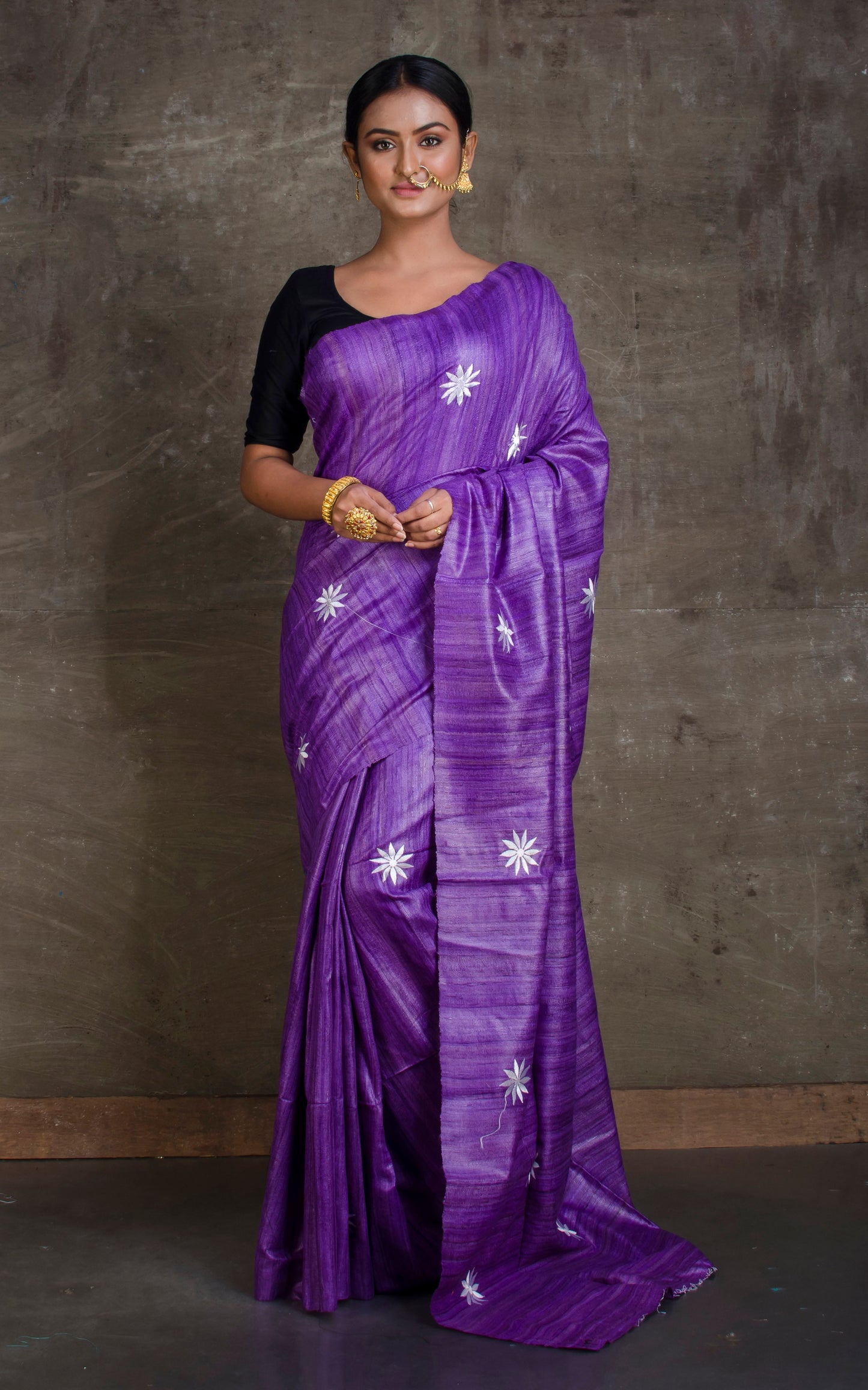 Embroidered Work Colored Gicha Tussar Silk Saree in Purple and Silver White