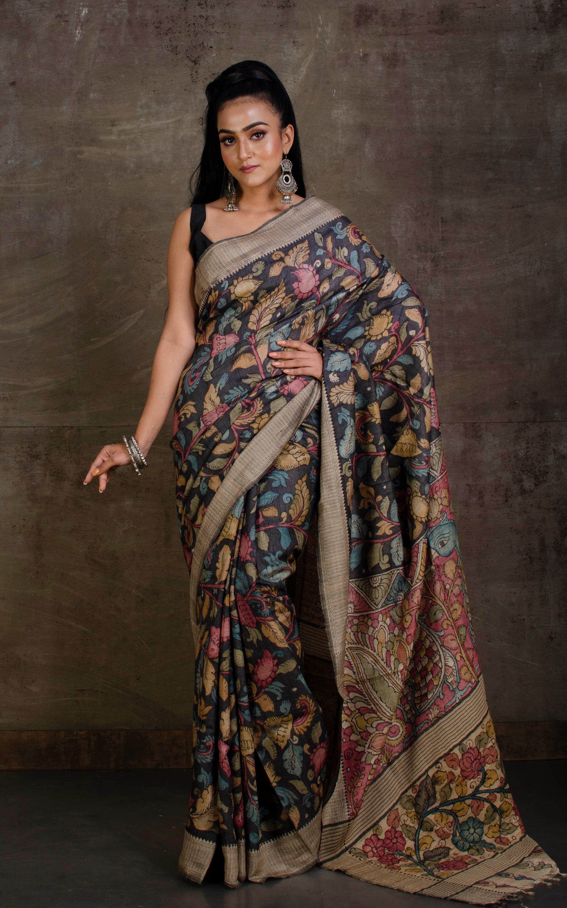 Hand Painted Kalamkari over Tussar Silk Saree in Charcoal Black, Beige and Multicolored