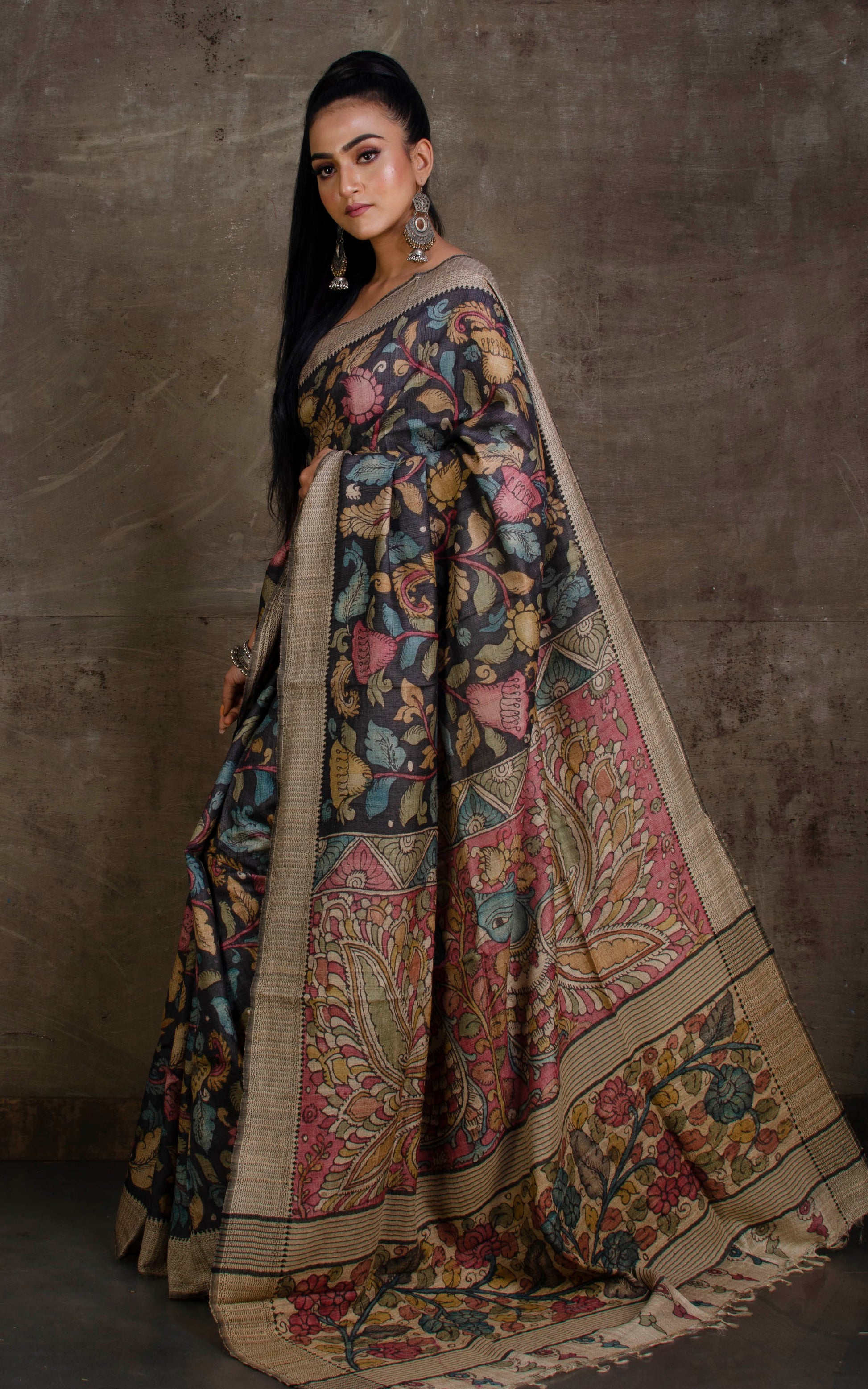 Hand Painted Kalamkari over Tussar Silk Saree in Charcoal Black, Beige and Multicolored