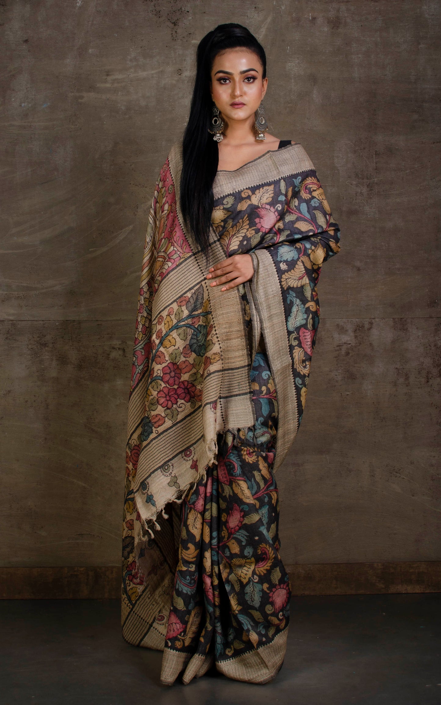 Hand Painted Kalamkari over Tussar Silk Saree in Charcoal Black, Beige and Multicolored