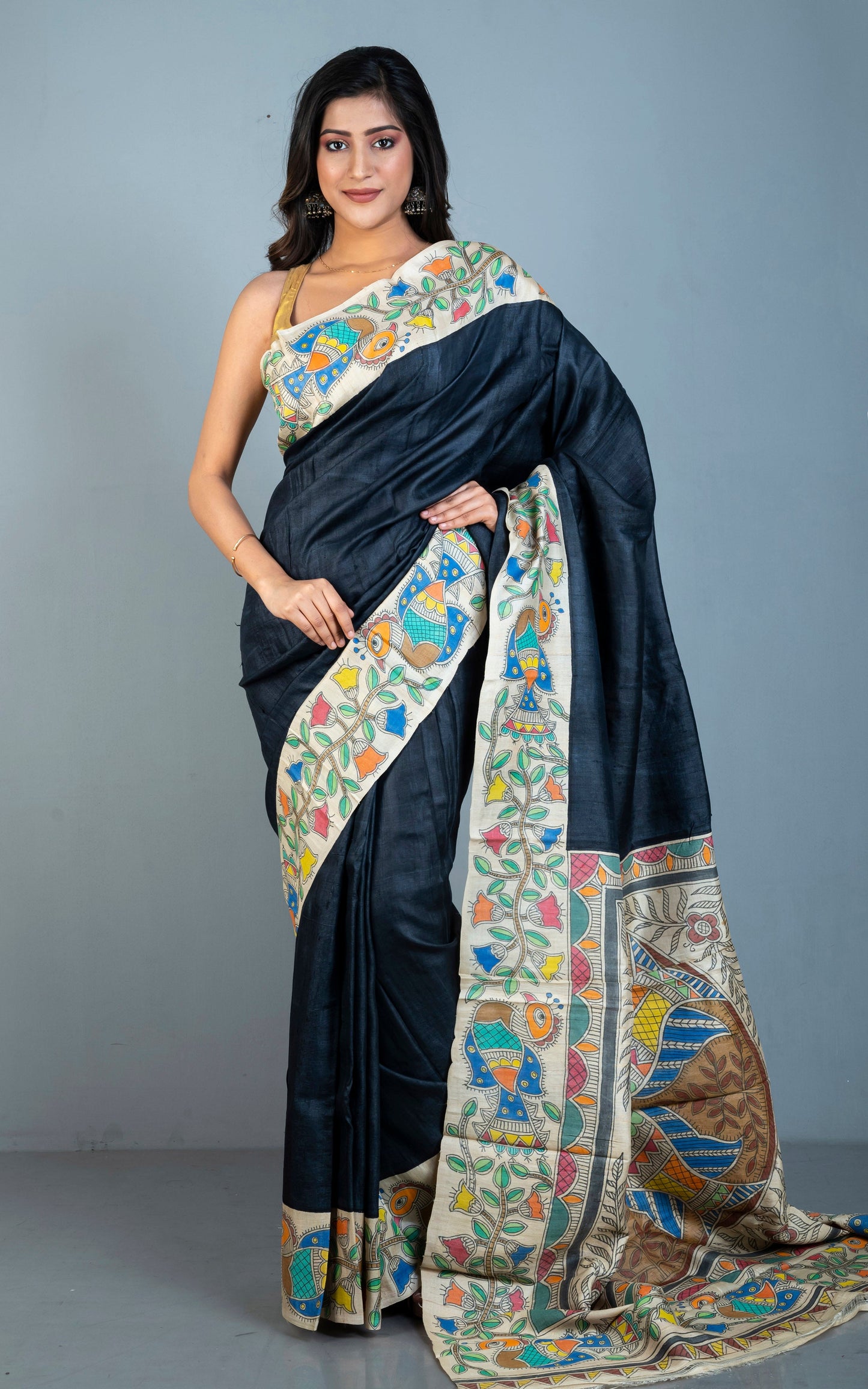 Hand Paint Madhubani on Premium Quality Gachi Tussar Silk Saree in Black, Beige and Multicolored