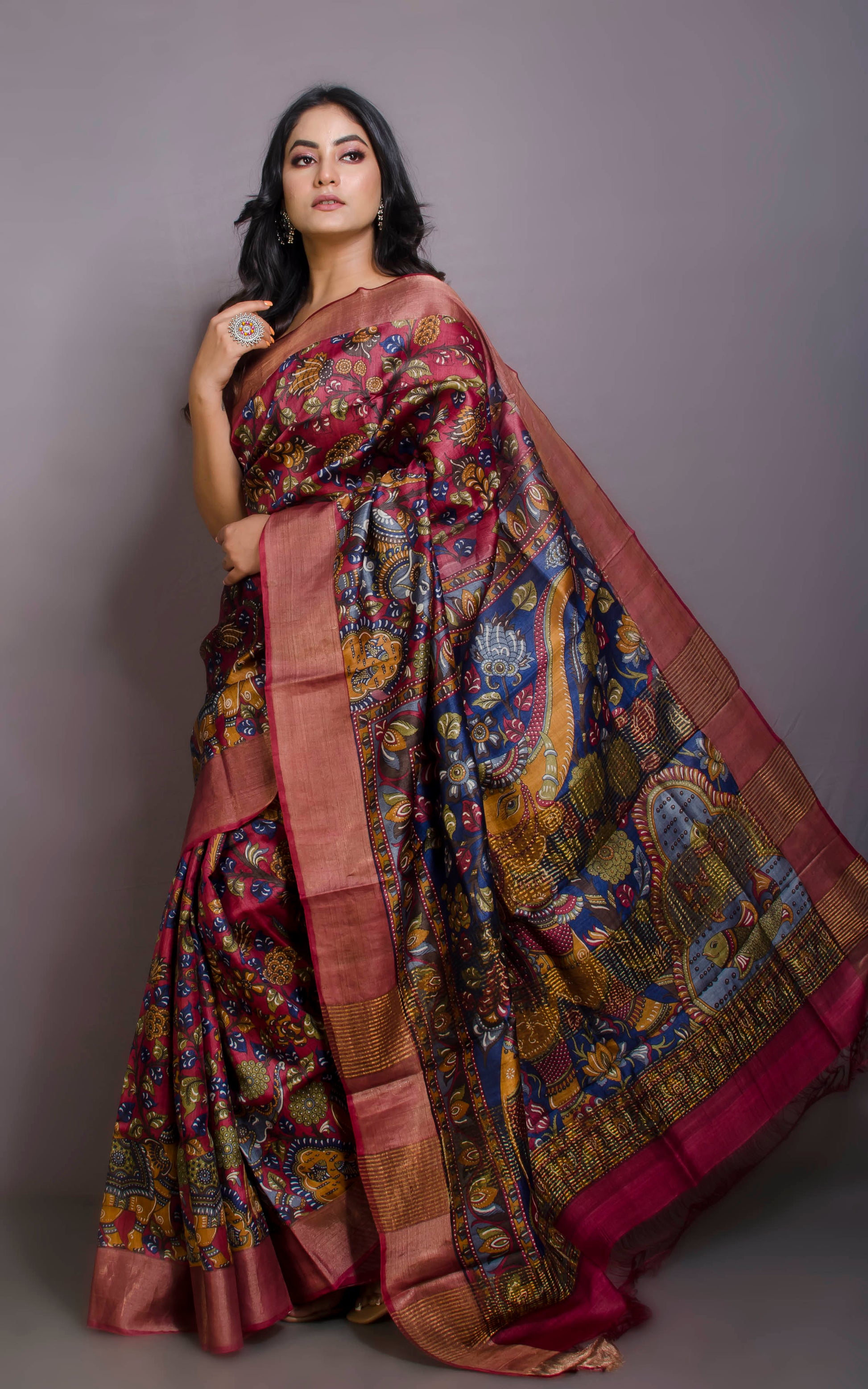 Kalamkari Printed Soft Tussar Silk Saree in Sangria Red, Dark Blue and Multicolored