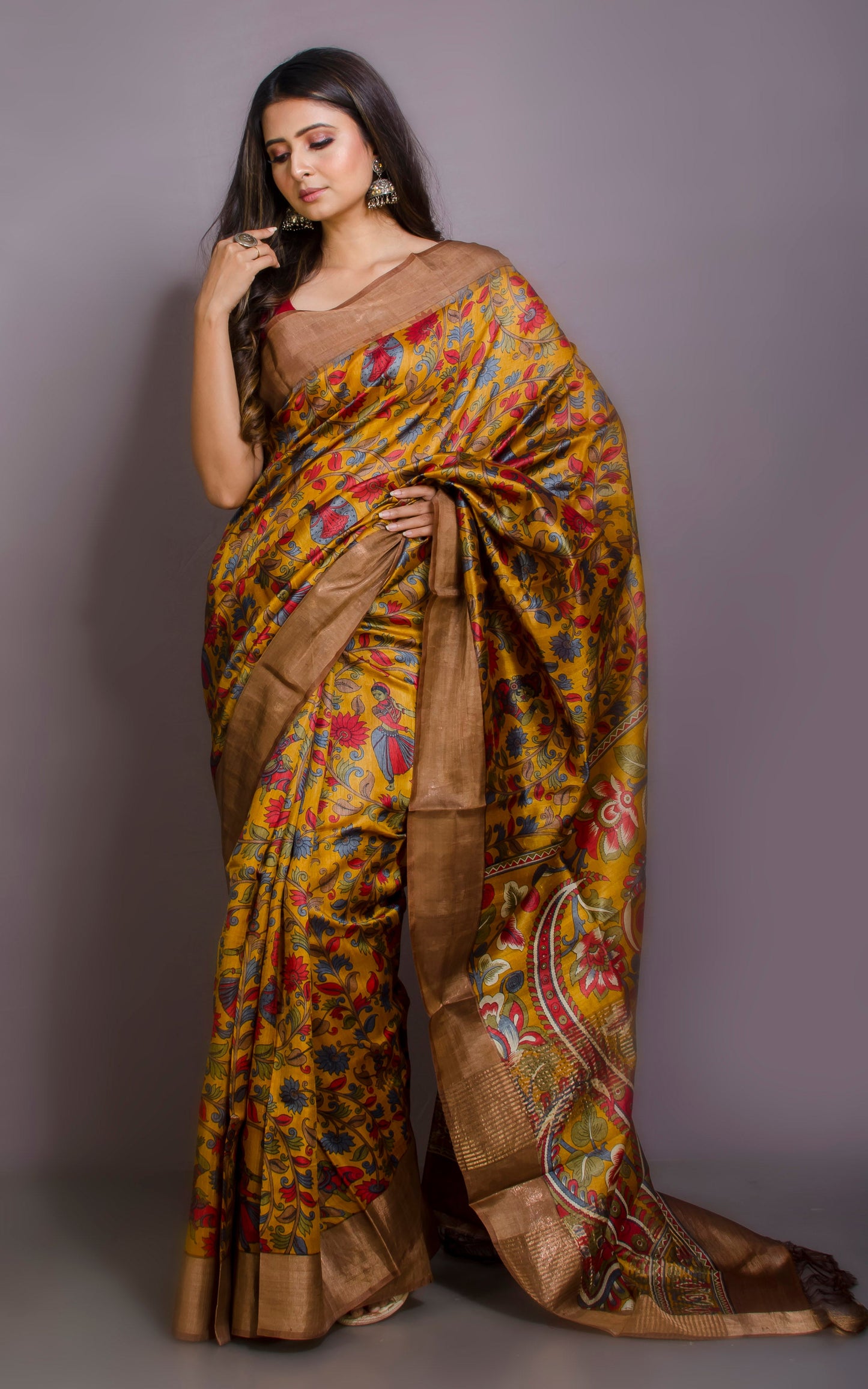 Kalamkari Printed Soft Tussar Silk Saree in Mustard Golden, Red and Multicolored