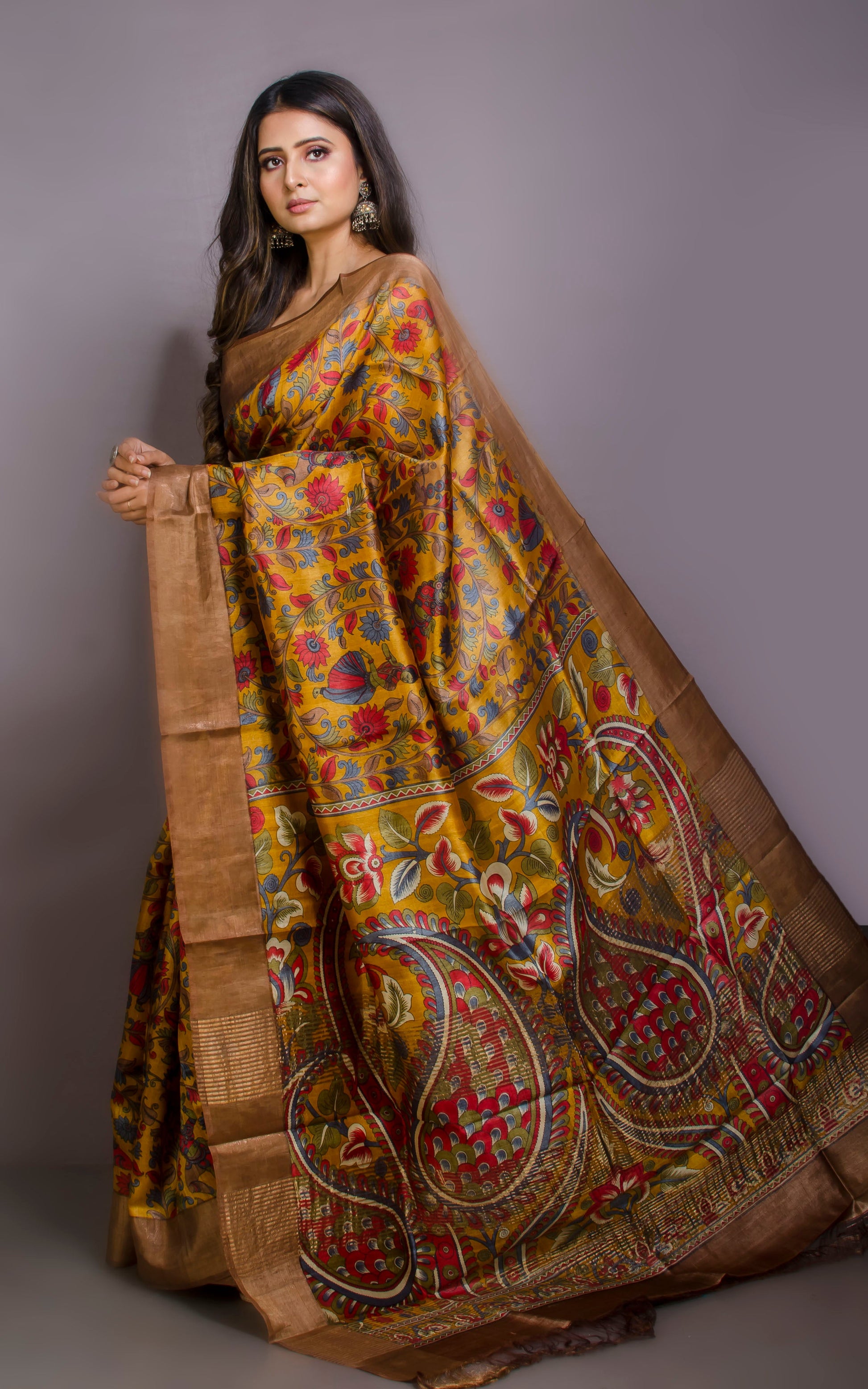 Kalamkari Printed Soft Tussar Silk Saree in Mustard Golden, Red and Multicolored