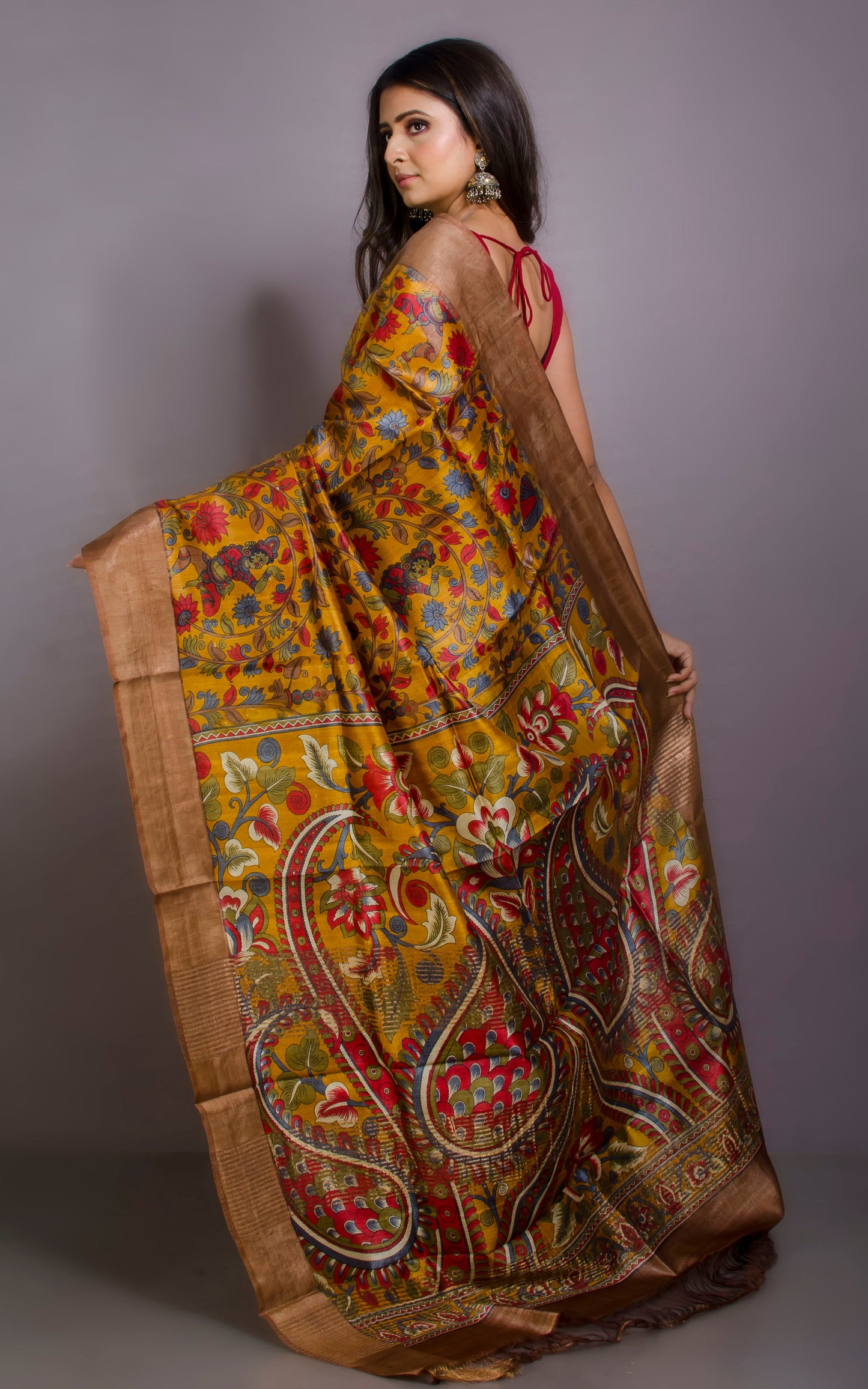 Kalamkari Printed Soft Tussar Silk Saree in Mustard Golden, Red and Multicolored