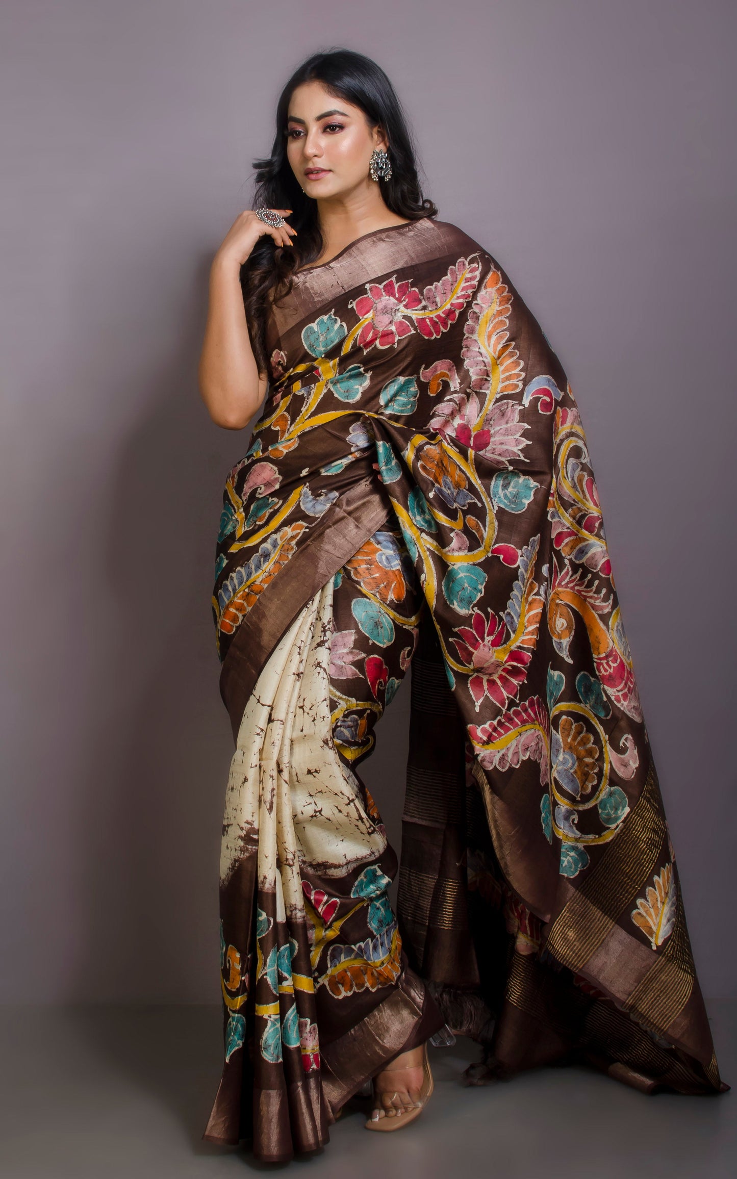 Kalamkari Printed Soft Tussar Silk Saree in Mocha Brown, Beige, Brush Gold and Multicolored