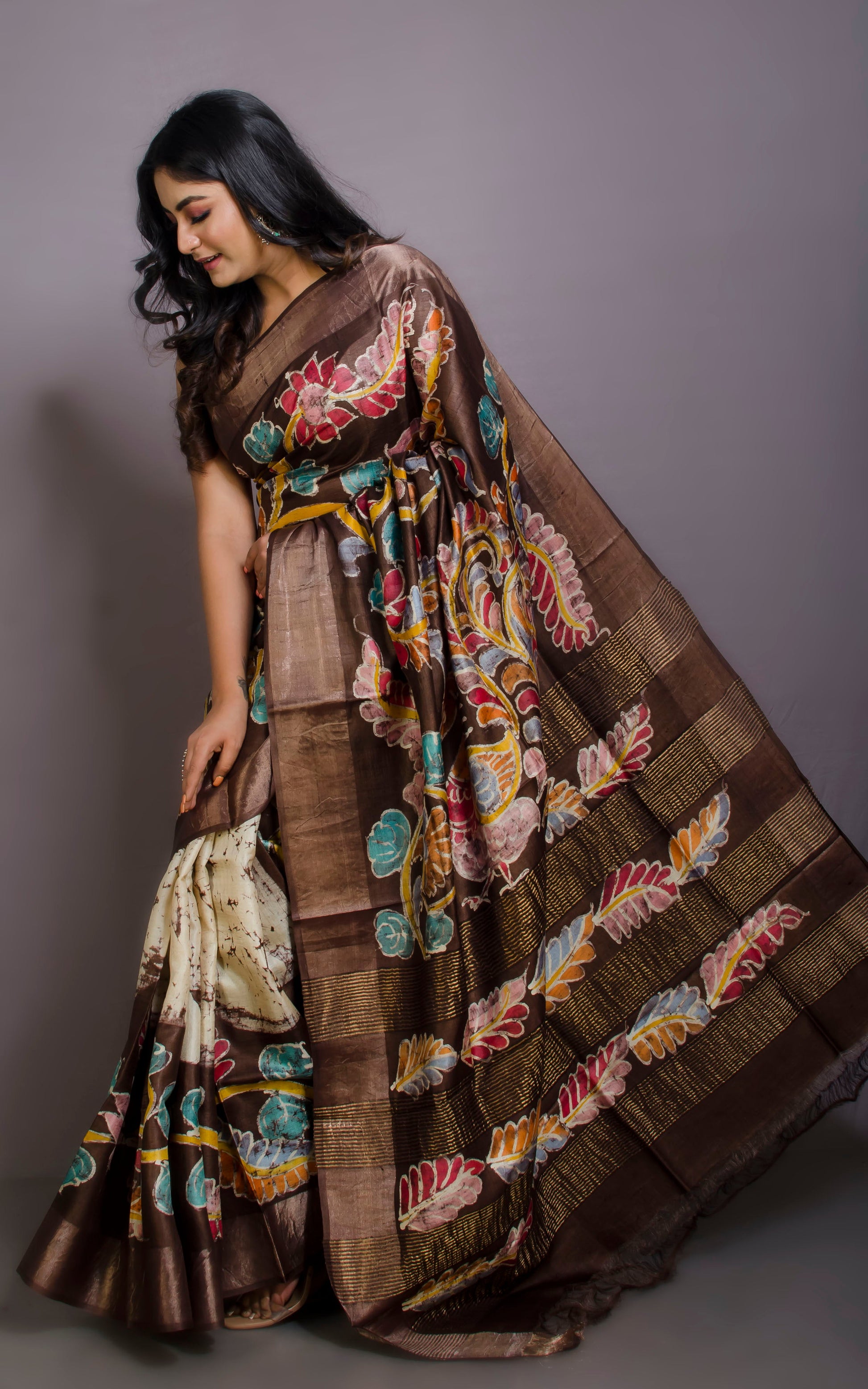 Kalamkari Printed Soft Tussar Silk Saree in Mocha Brown, Beige, Brush Gold and Multicolored