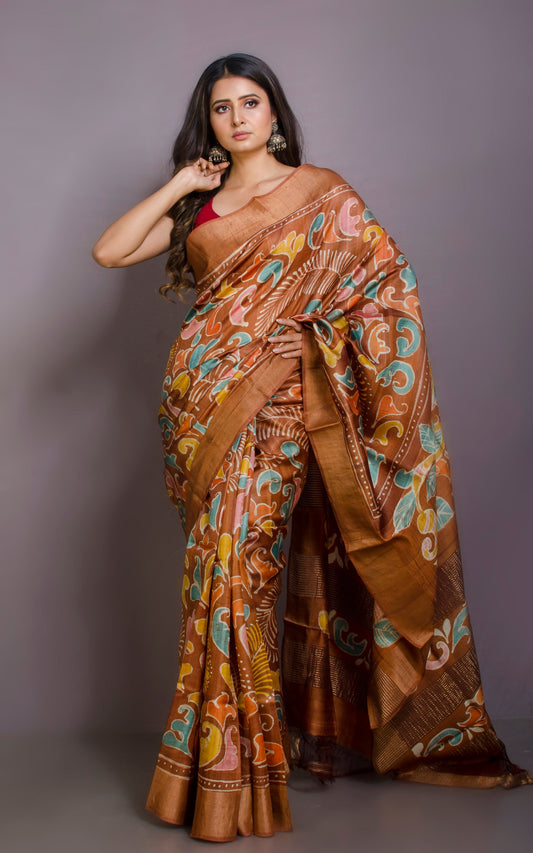 Kalamkari Printed Soft Tussar Silk Saree in Caramel Brown, Brush Gold and Multicolored