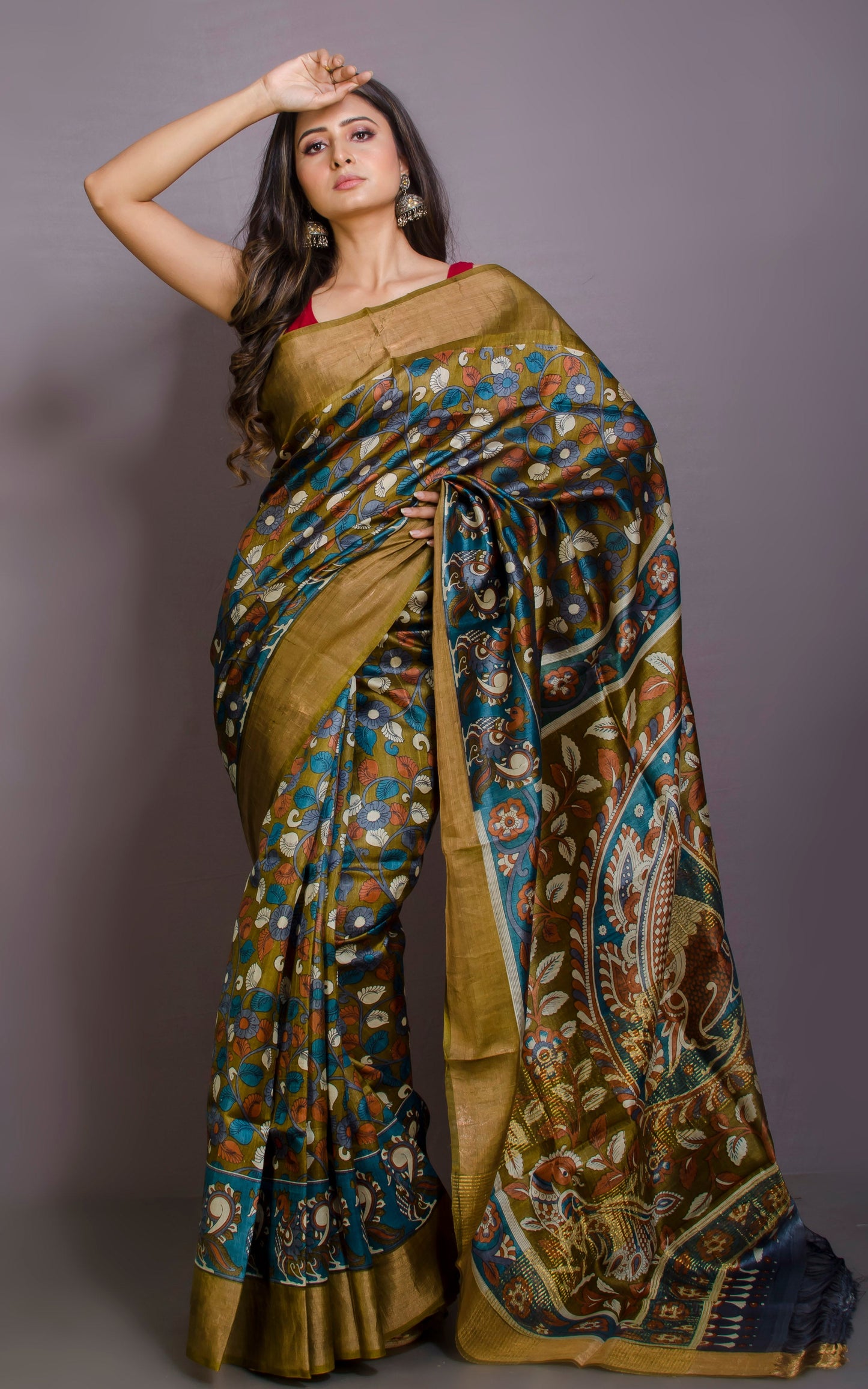 Kalamkari Printed Soft Tussar Silk Saree in Olive Green, Blue and Multicolored