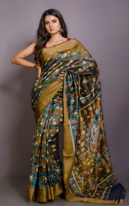 Kalamkari Printed Soft Tussar Silk Saree in Olive Green, Blue and Multicolored