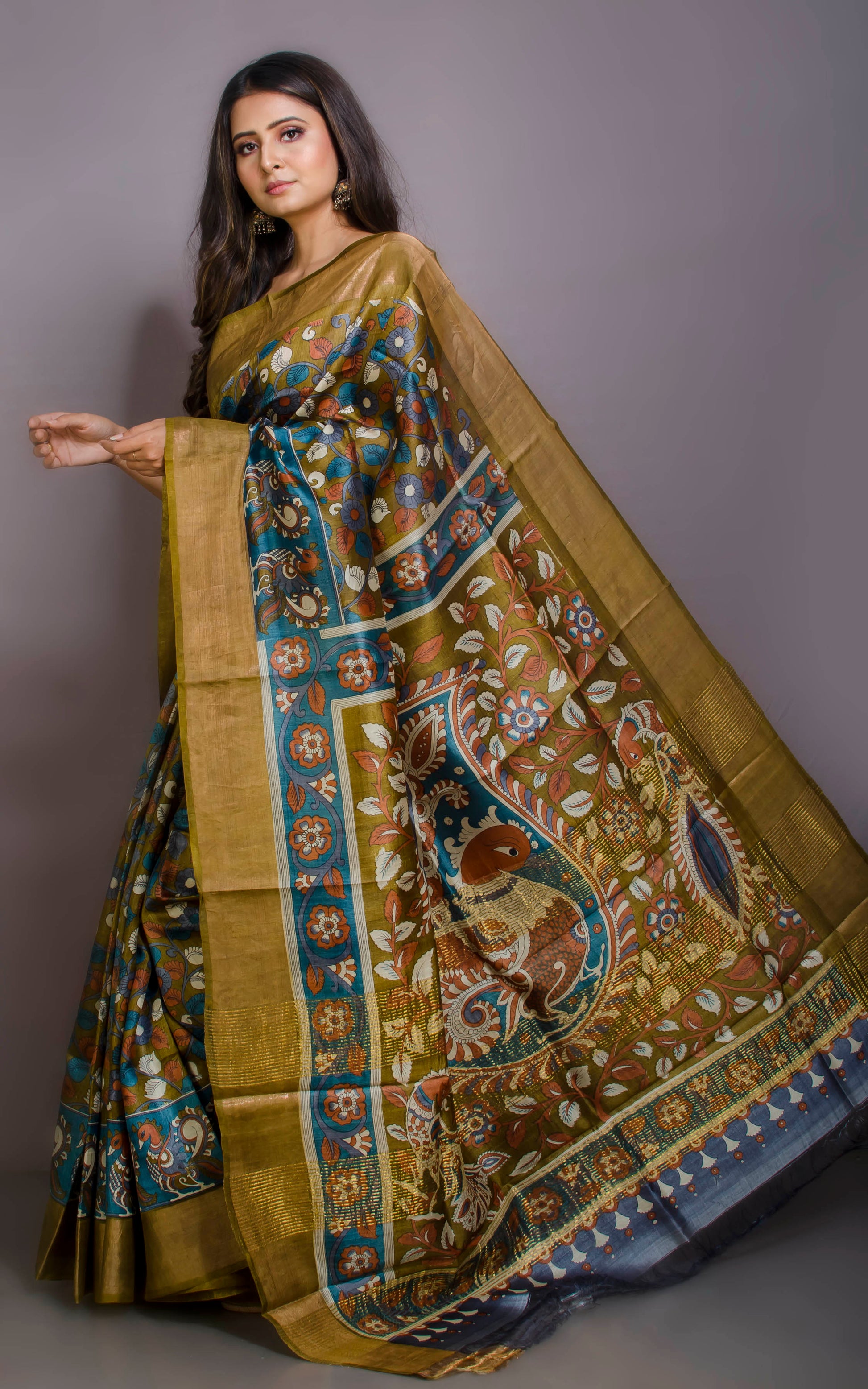 Kalamkari Printed Soft Tussar Silk Saree in Olive Green, Blue and Multicolored