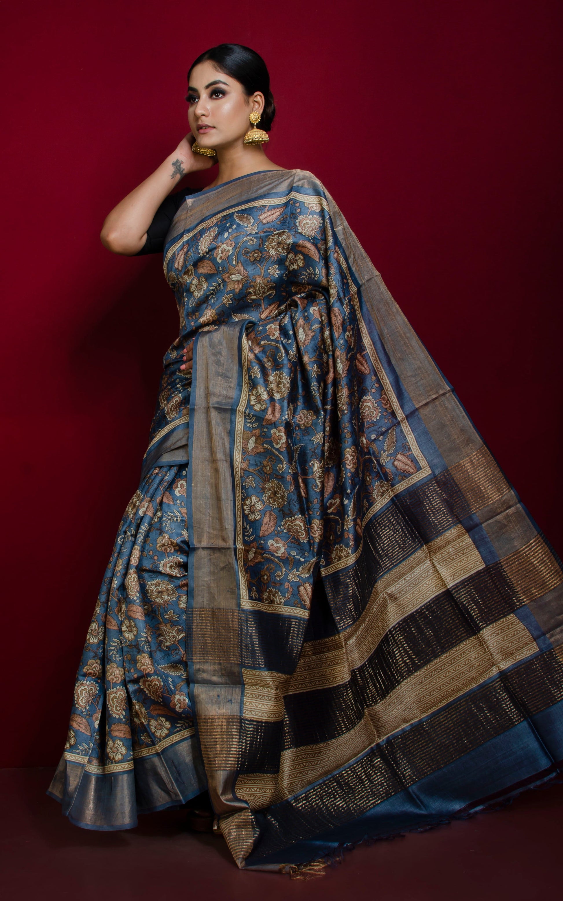 Kalamkari Printed Soft Tussar Silk Saree in VanDusen Blue, Beige and Brown