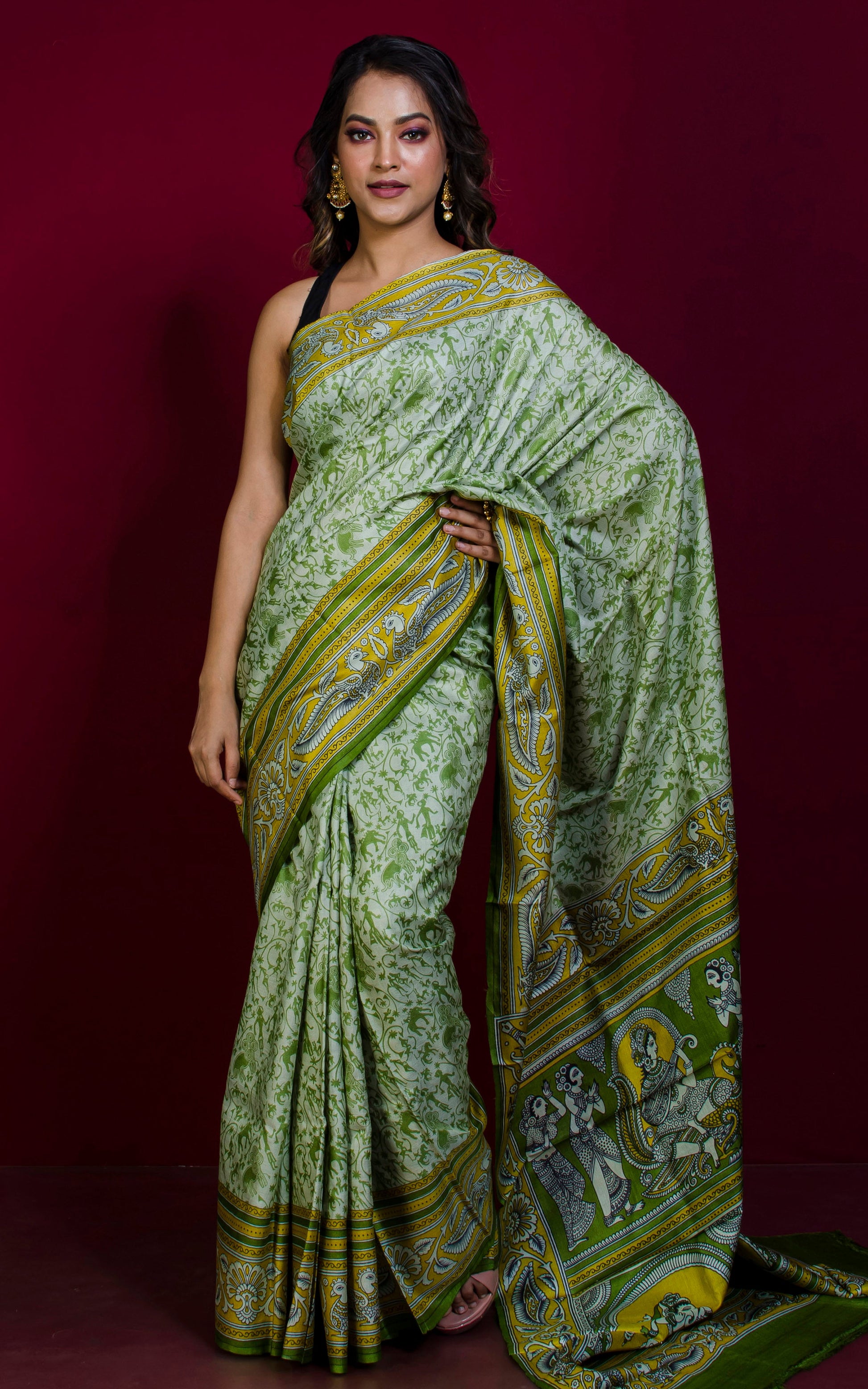 Printed Soft Tussar Silk Saree in Off White, Pear Green and Munsell Yellow