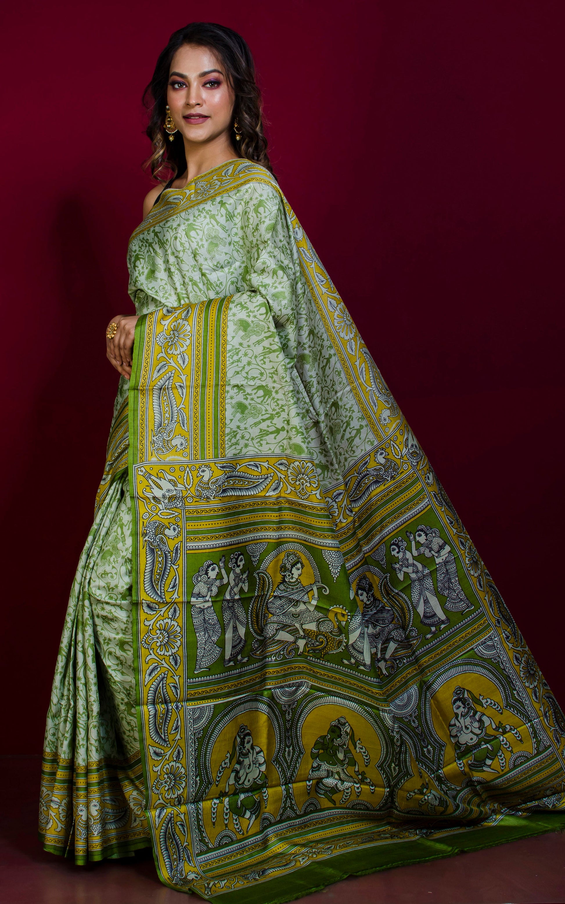 Printed Soft Tussar Silk Saree in Off White, Pear Green and Munsell Yellow