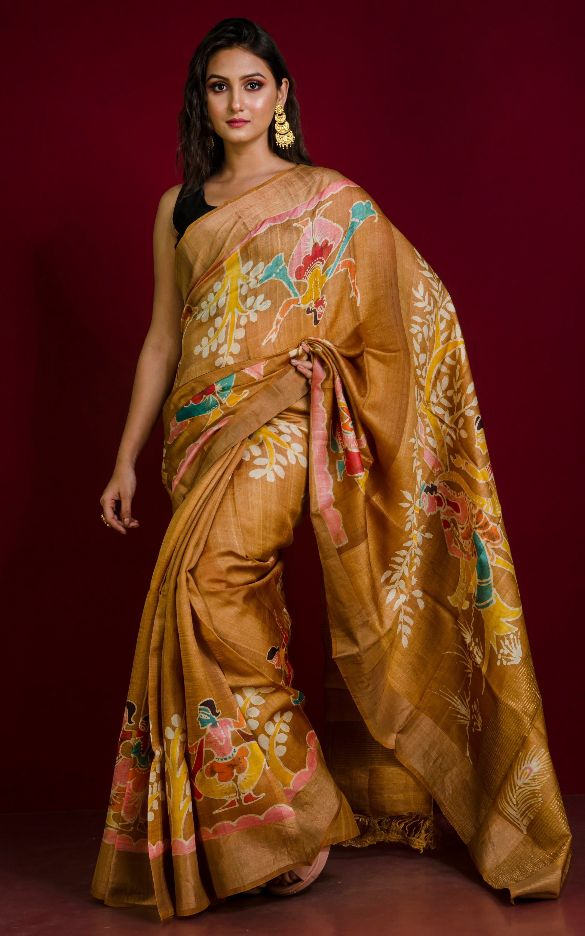 Kalamkari Printed Soft Tussar Silk Saree in Ochre, Brush Gold and Multicolored